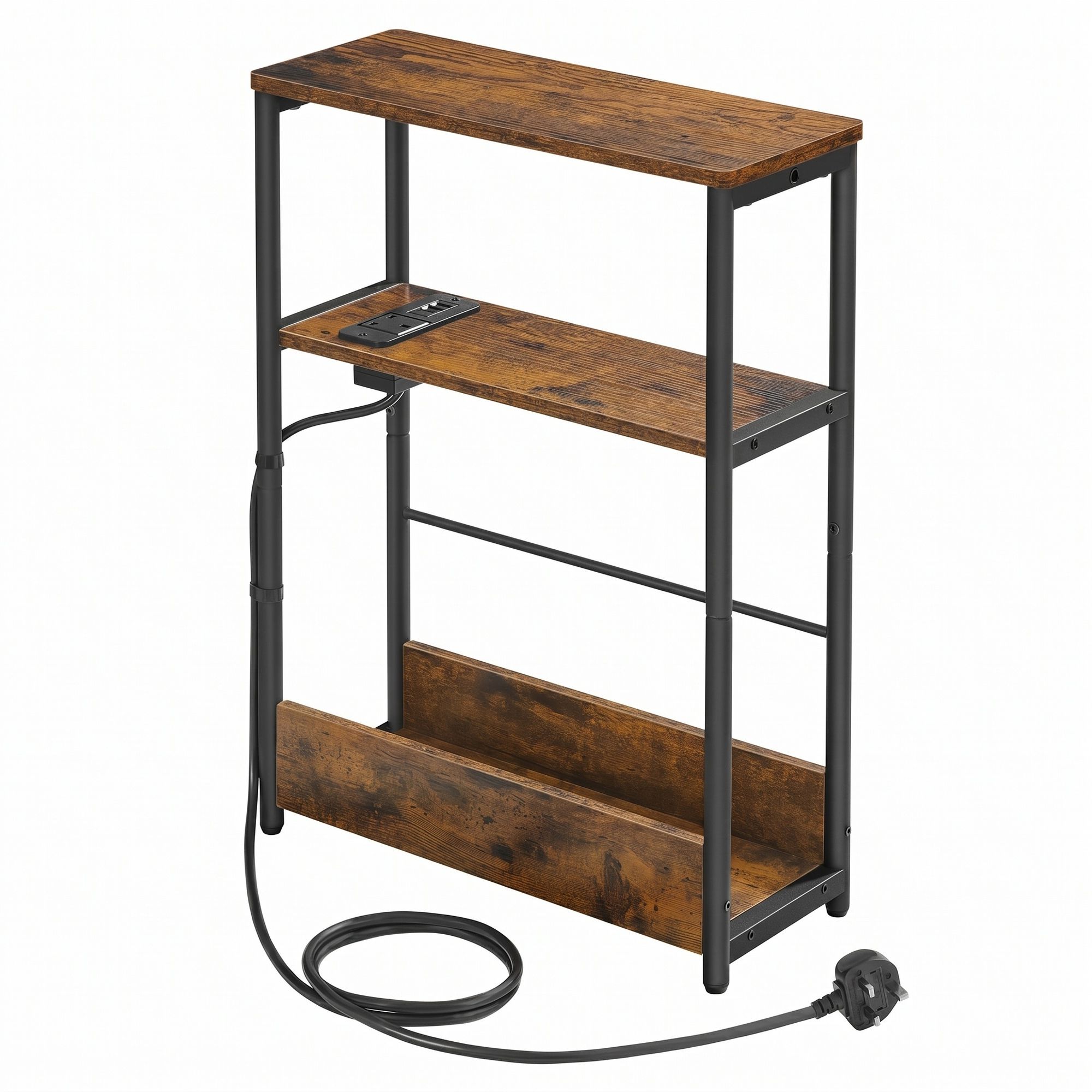 3-Tier Narrow Bedside Table, End Table for Compact Living, with Charging Station Magazine Rack, Brown