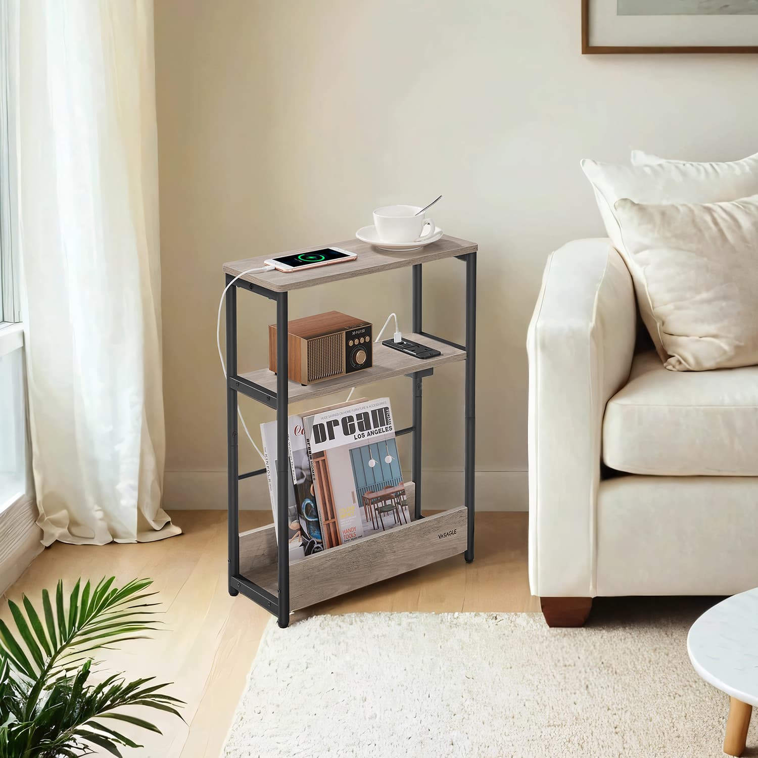 3-Tier Narrow Bedside Table, End Table for Compact Living, with Charging Station Magazine Rack, Greige