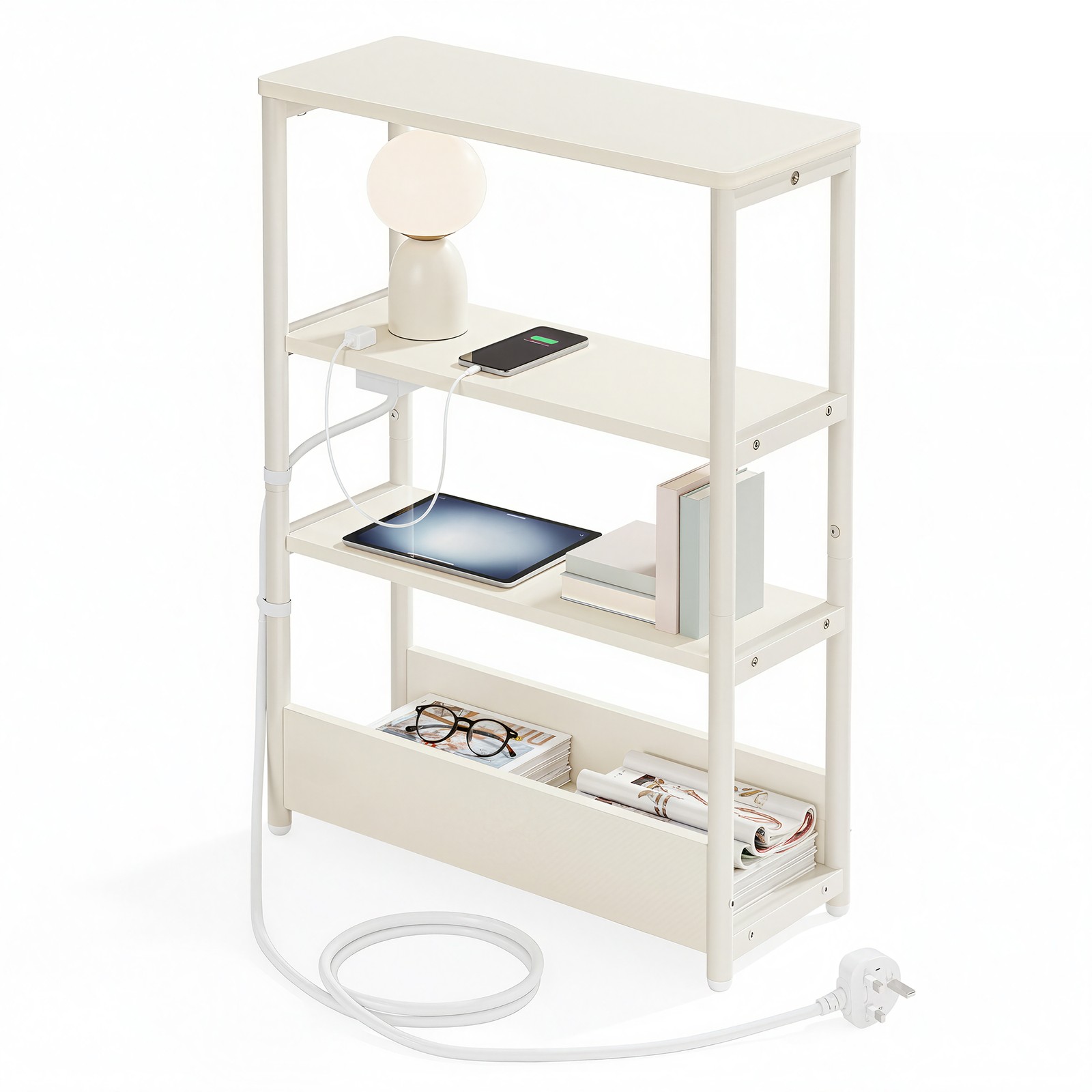 Slim End Table with Power Strip, 3-Tier Narrow Nightstand, for Living Room