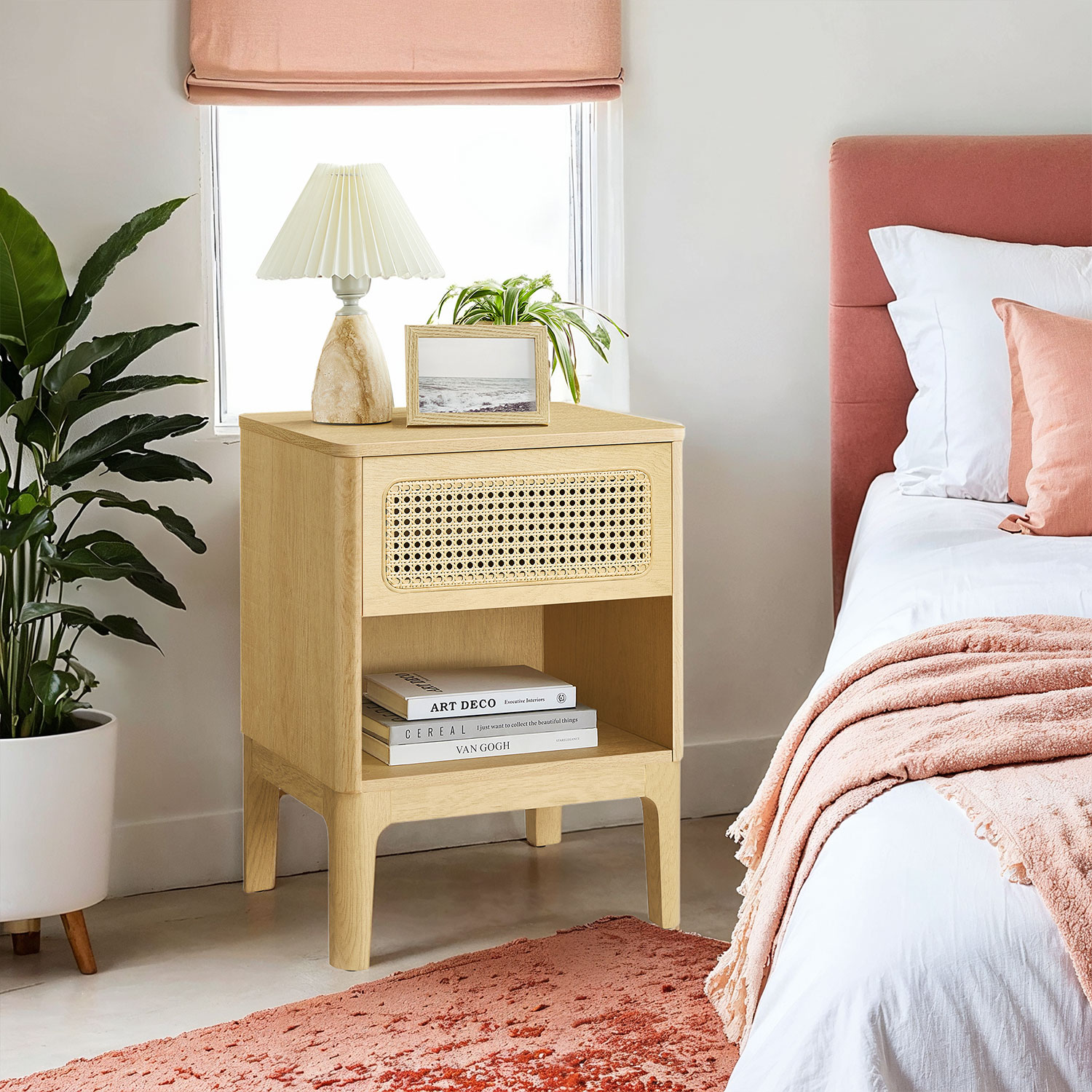 Rattan Bedside Table, Boho Side Table with Drawer, End Table for Living Room