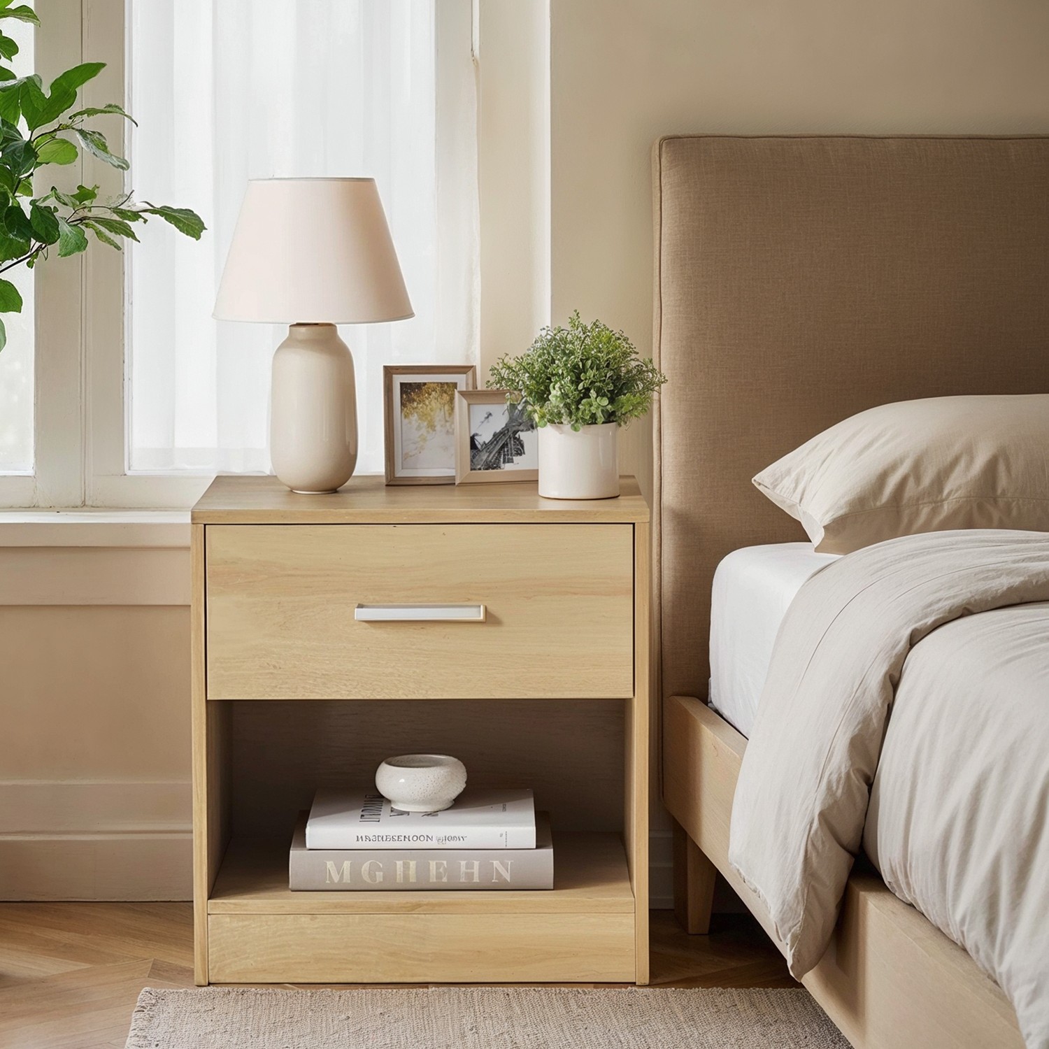 Bedside Table, Side Table with Drawer, Handle