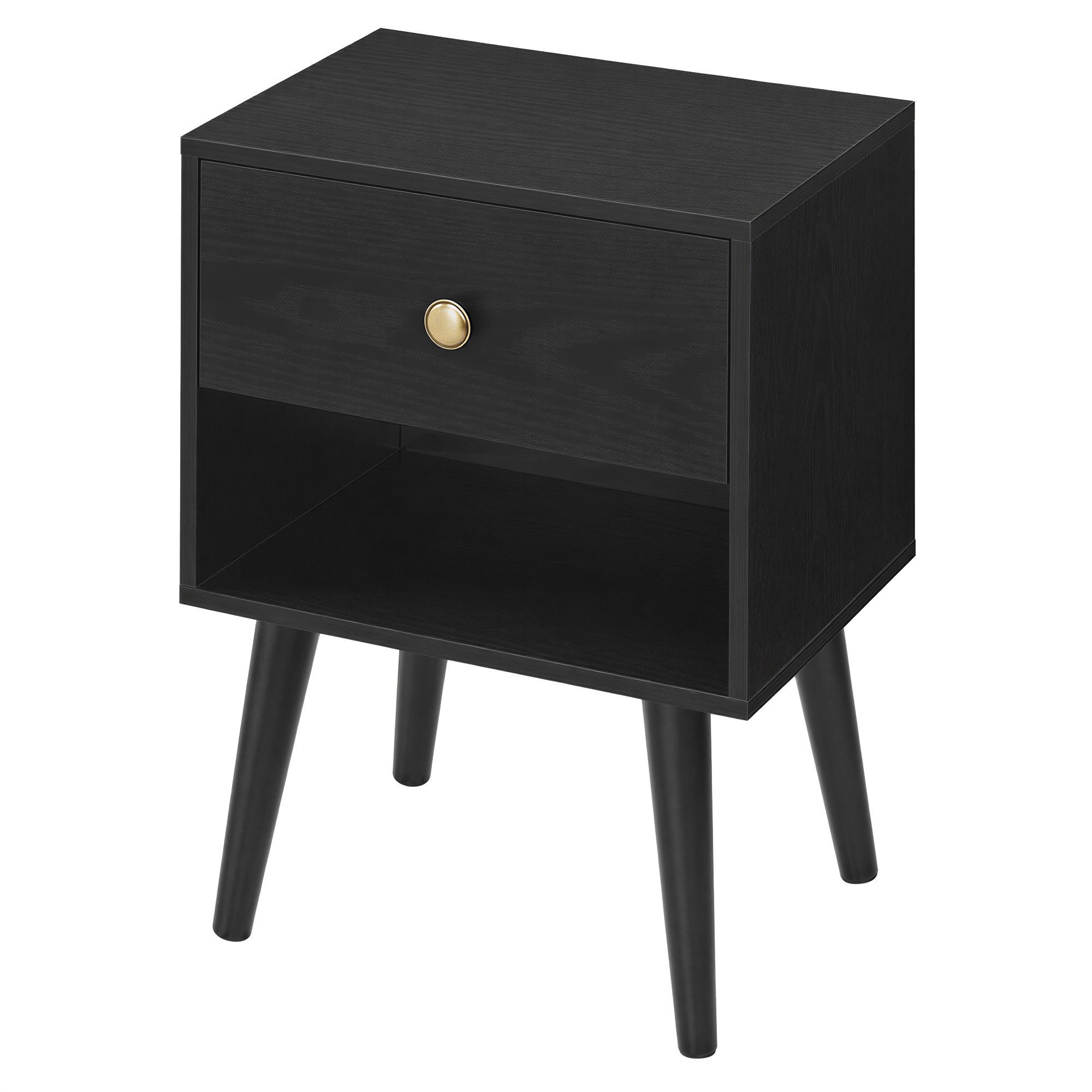 Bedside Table, Side Table with Storage Drawer and Open Shelf, Solid Wood Legs