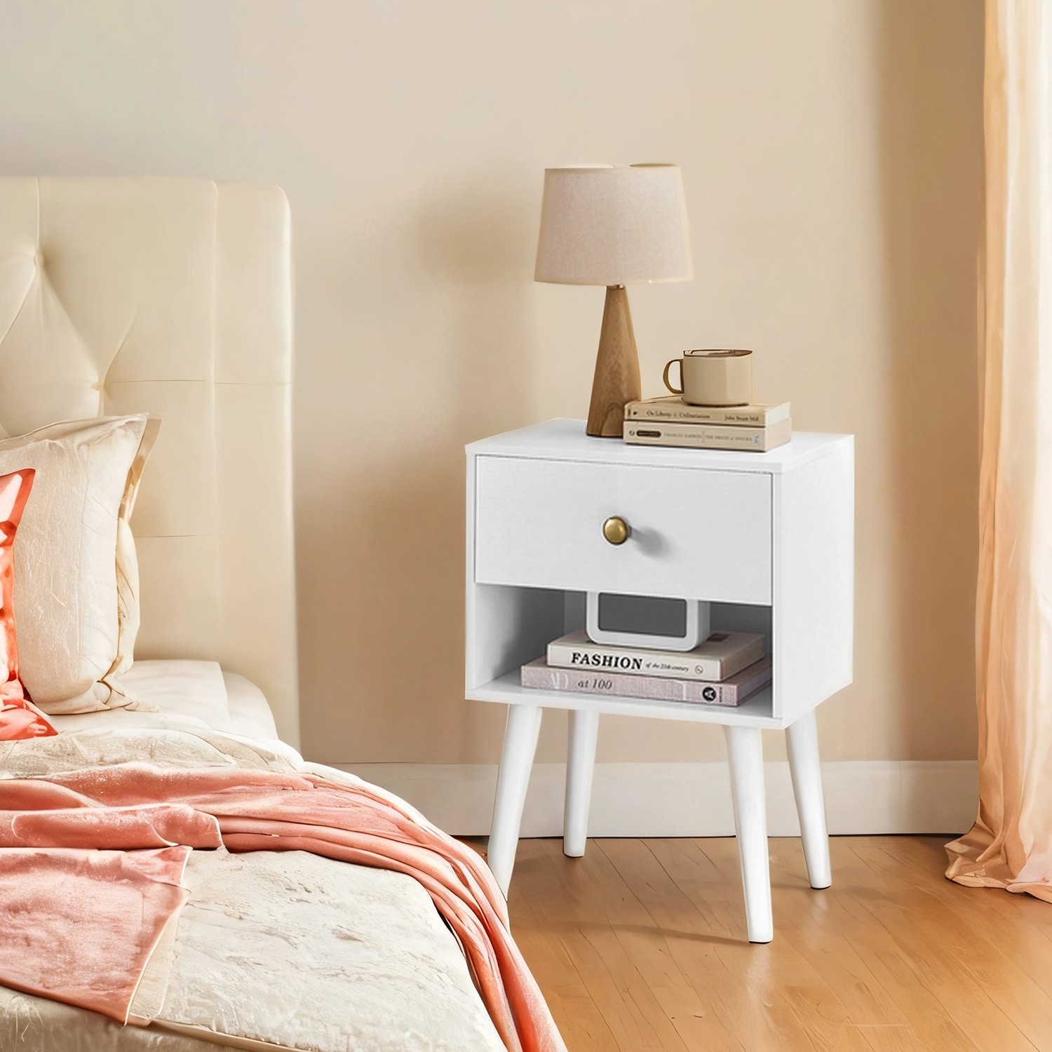 Bedside Table, Side Table with Storage Drawer and Open Shelf, Solid Wood Legs