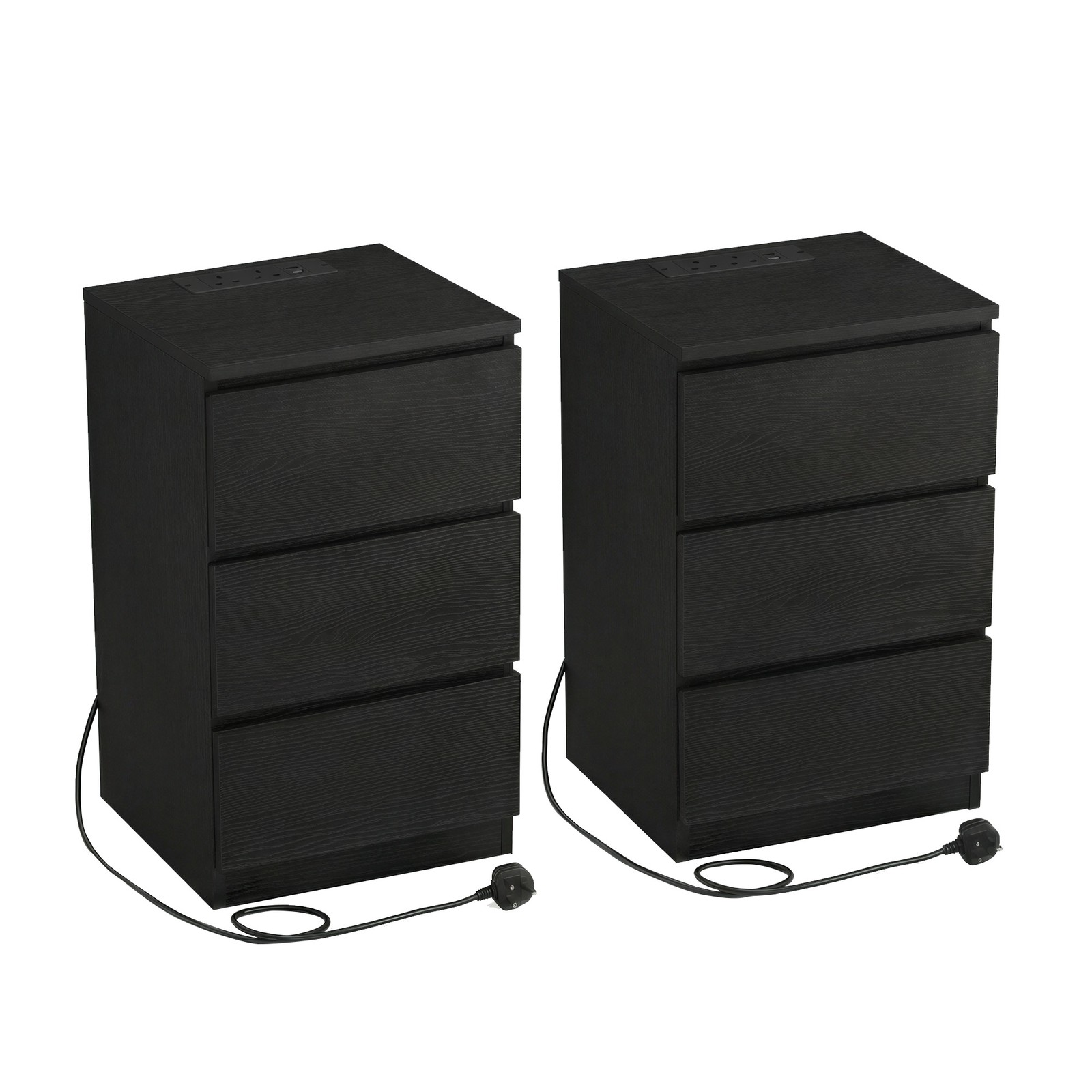Set of 2 Side End Tables, Modern Bedside Table with 3 Drawers and Charging Station, Black