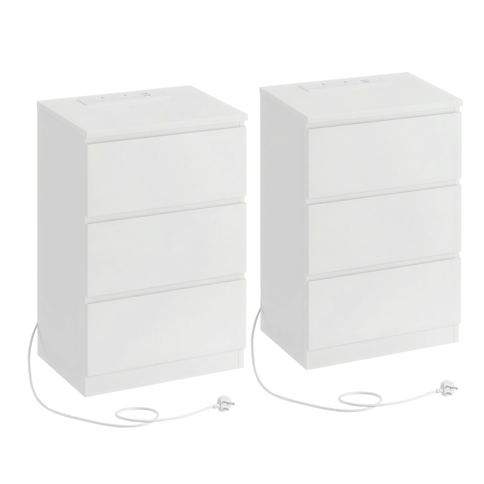 Set of 2 Side End Tables, Modern Bedside Table with 3 Drawers and Charging Station, White