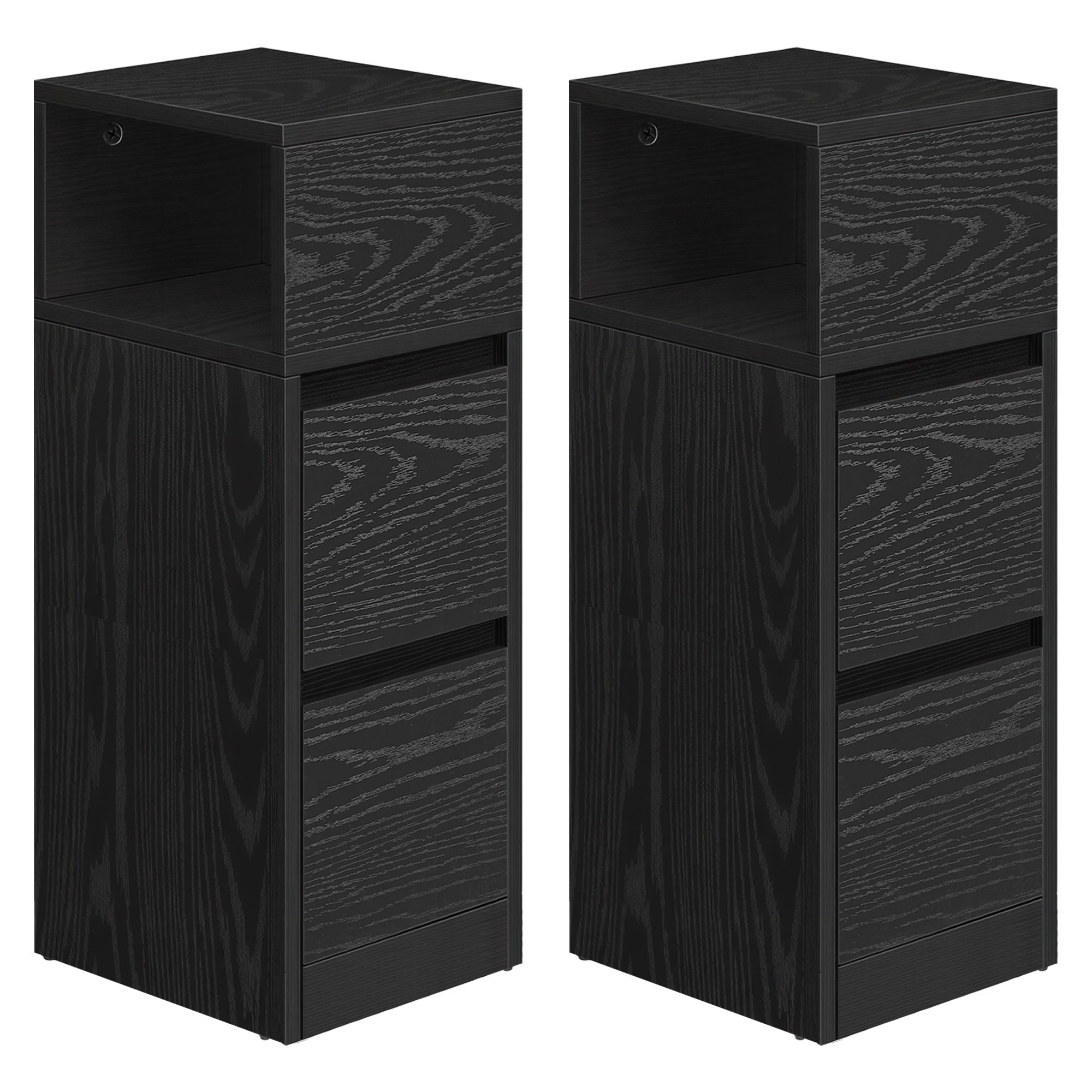 Set of 2 Narrow Side Tables, Slim End Table with 2 Drawers, 1 Open Compartment, for Living Room, Bedroom, Black