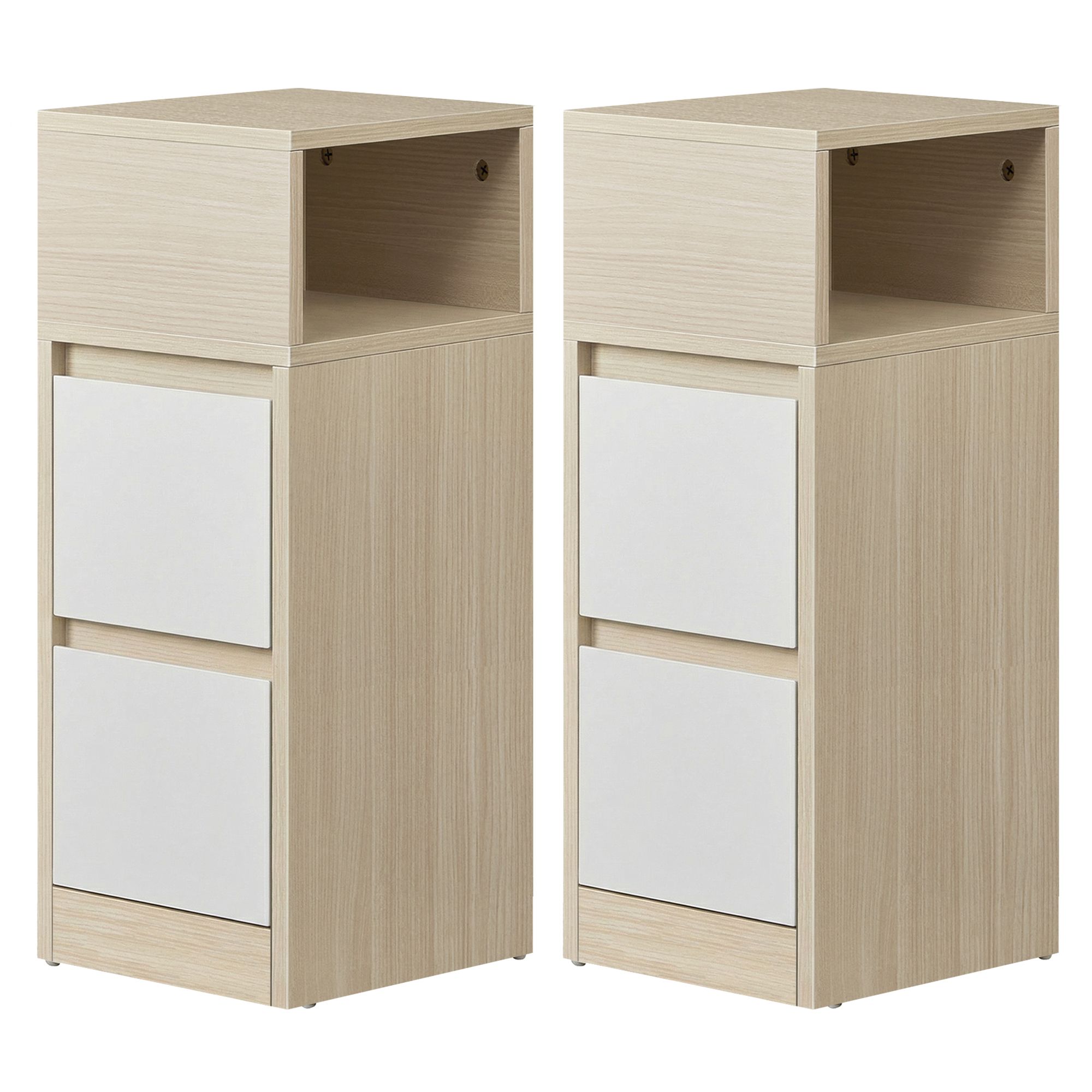 Set of 2 Narrow Side Tables, Slim End Table with 2 Drawers, 1 Open
Compartment, for Living Room, Bedroom, Beige