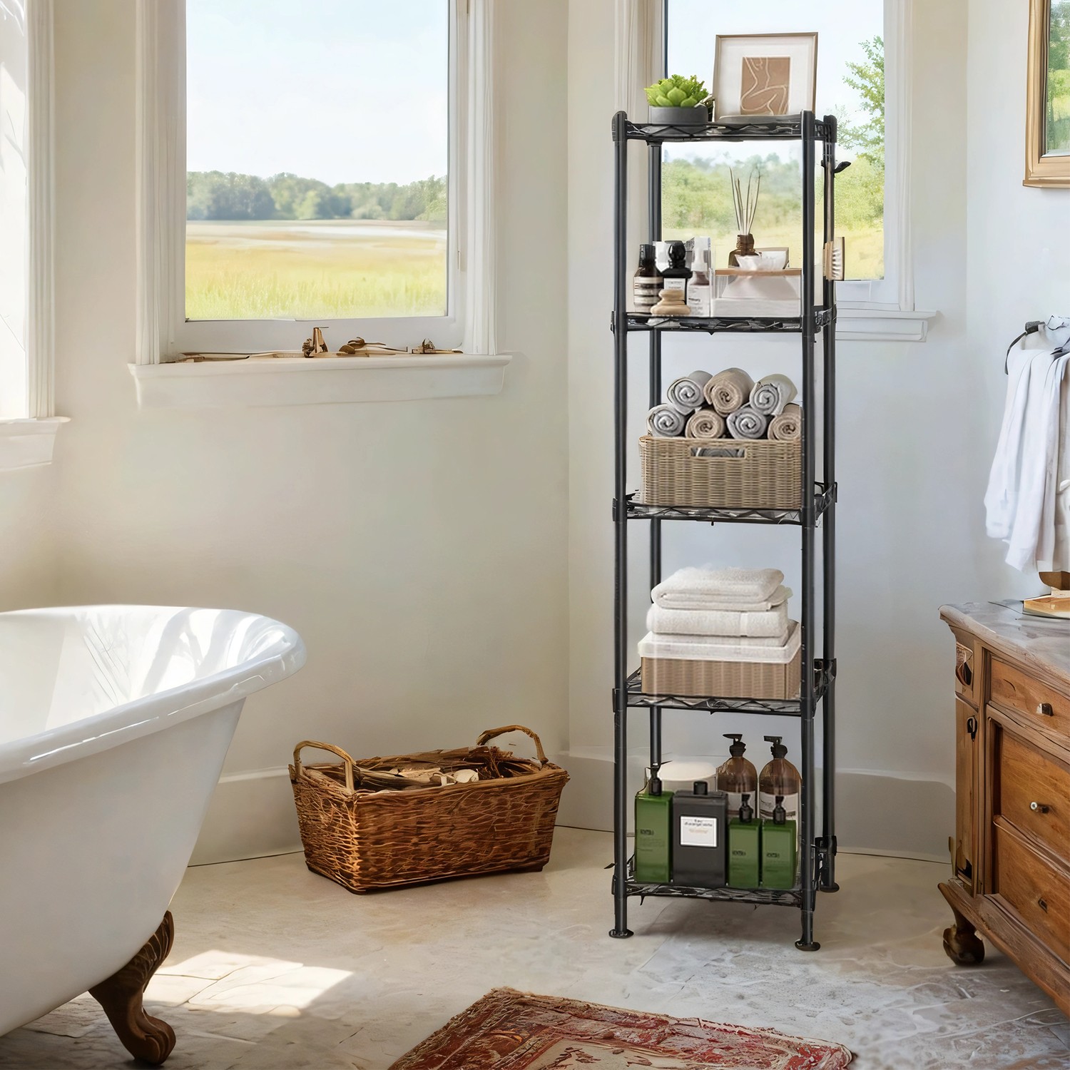 Bathroom Shelf, 5-Tier Storage Rack for Small Space, with 5 PP Shelf Liners Bathroom Shelf, 5-Tier Storage Rack for Small Space, with 5 PP Shelf Liners