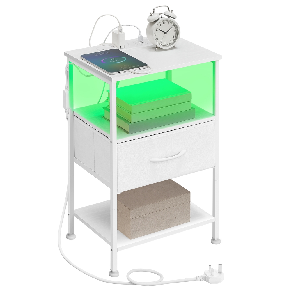 Bedroom Bedside Table with LED Lights and Charging Station, Nightstand with 1 Drawer and 2 Shelves Bedroom Bedside Table with LED Lights and Charging Station, Nightstand with 1 Drawer and 2 Shelves