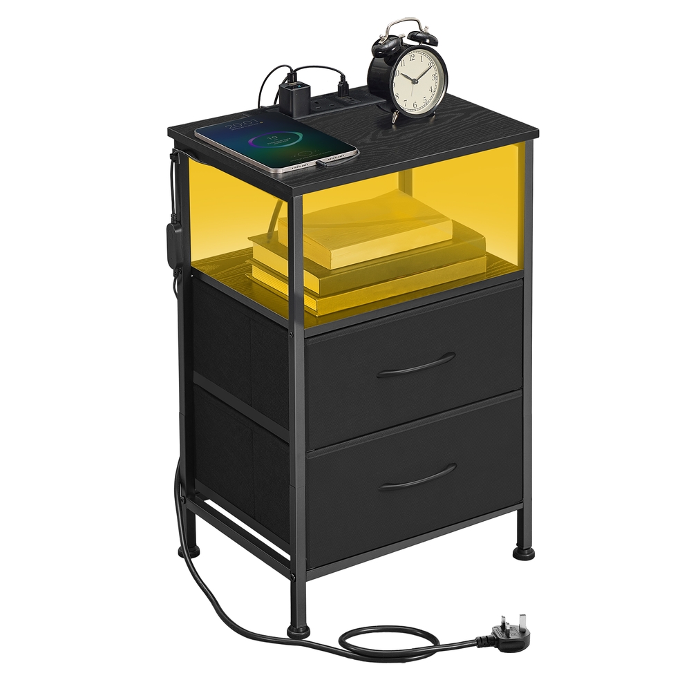 Bedroom Bedside Table with LED Lights and Charging Station, Nightstand with 2 Drawers and 1 Shelf Bedroom Bedside Table with LED Lights and Charging Station, Nightstand with 2 Drawers and 1 Shelf