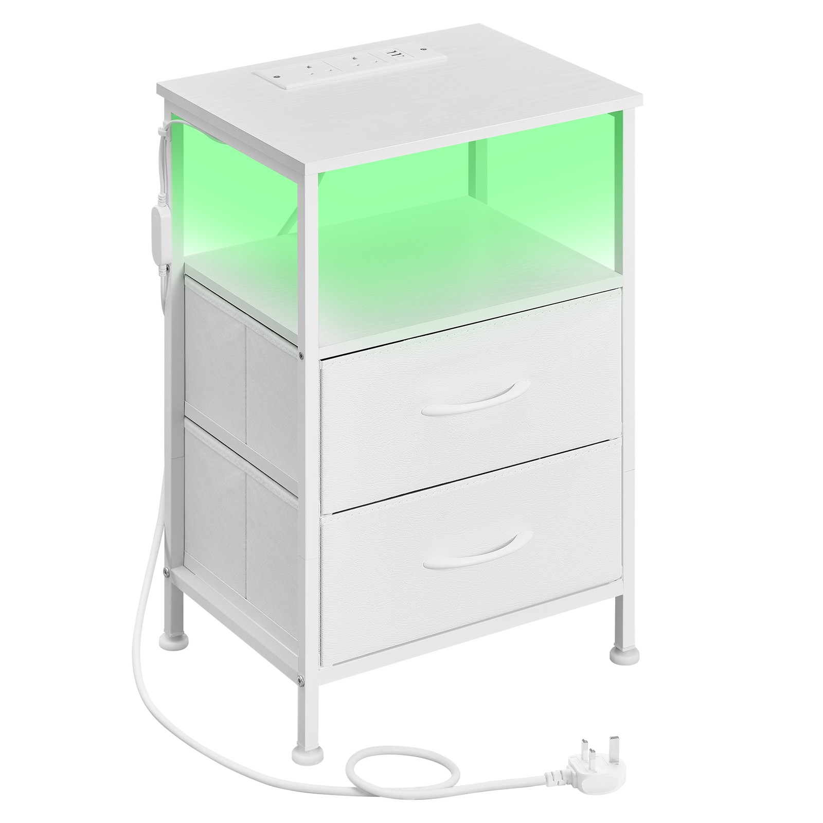 Bedroom Bedside Table with LED Lights and Charging Station, Nightstand with 2 Drawers and 1 Shelf Bedroom Bedside Table with LED Lights and Charging Station, Nightstand with 2 Drawers and 1 Shelf