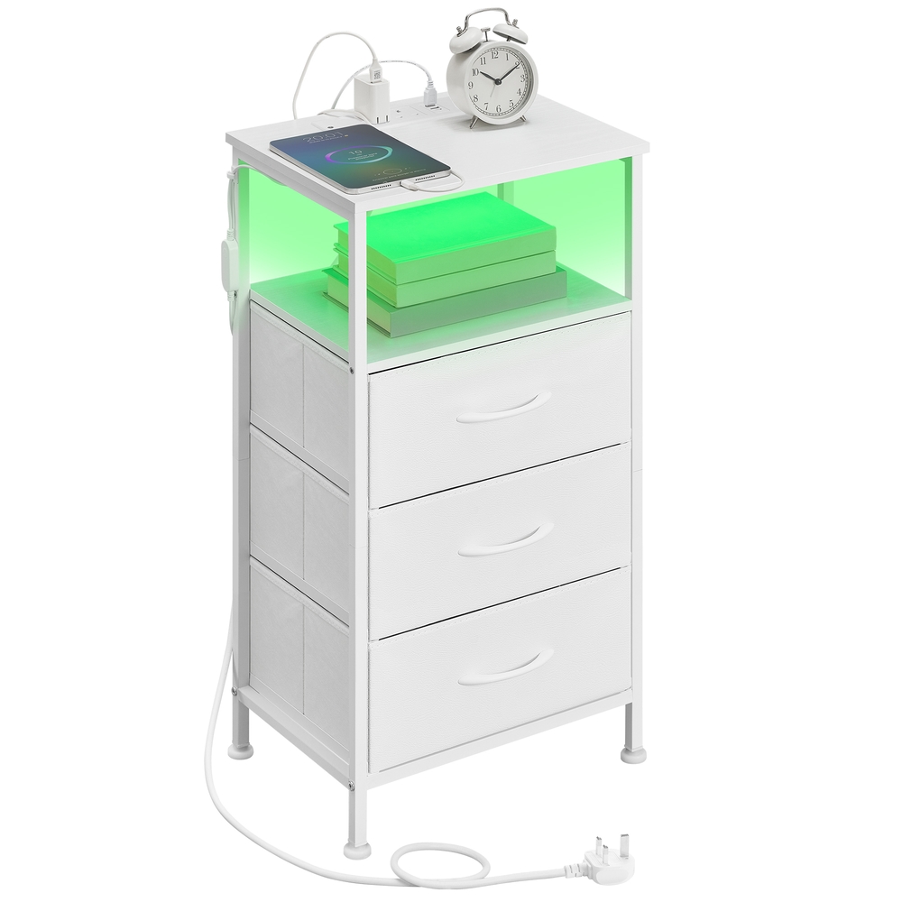 Bedroom Bedside Table with LED Lights and Charging Station, Nightstand with 3 Drawers and 1 Shelf