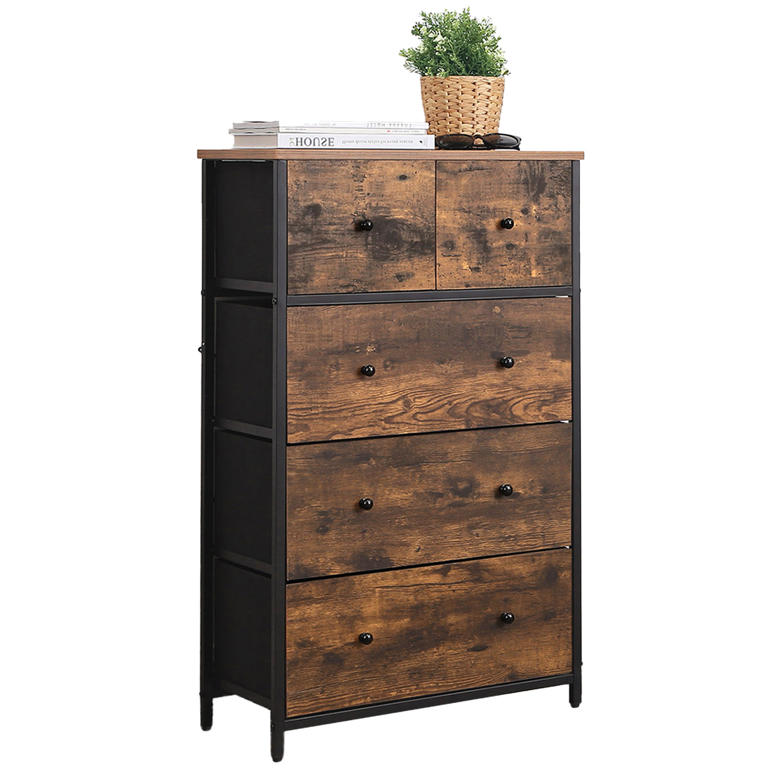 5-Drawer Fabric Dresser, Storage Chest Organiser for Bedroom, Nursery, Living Room, Brown and Black
