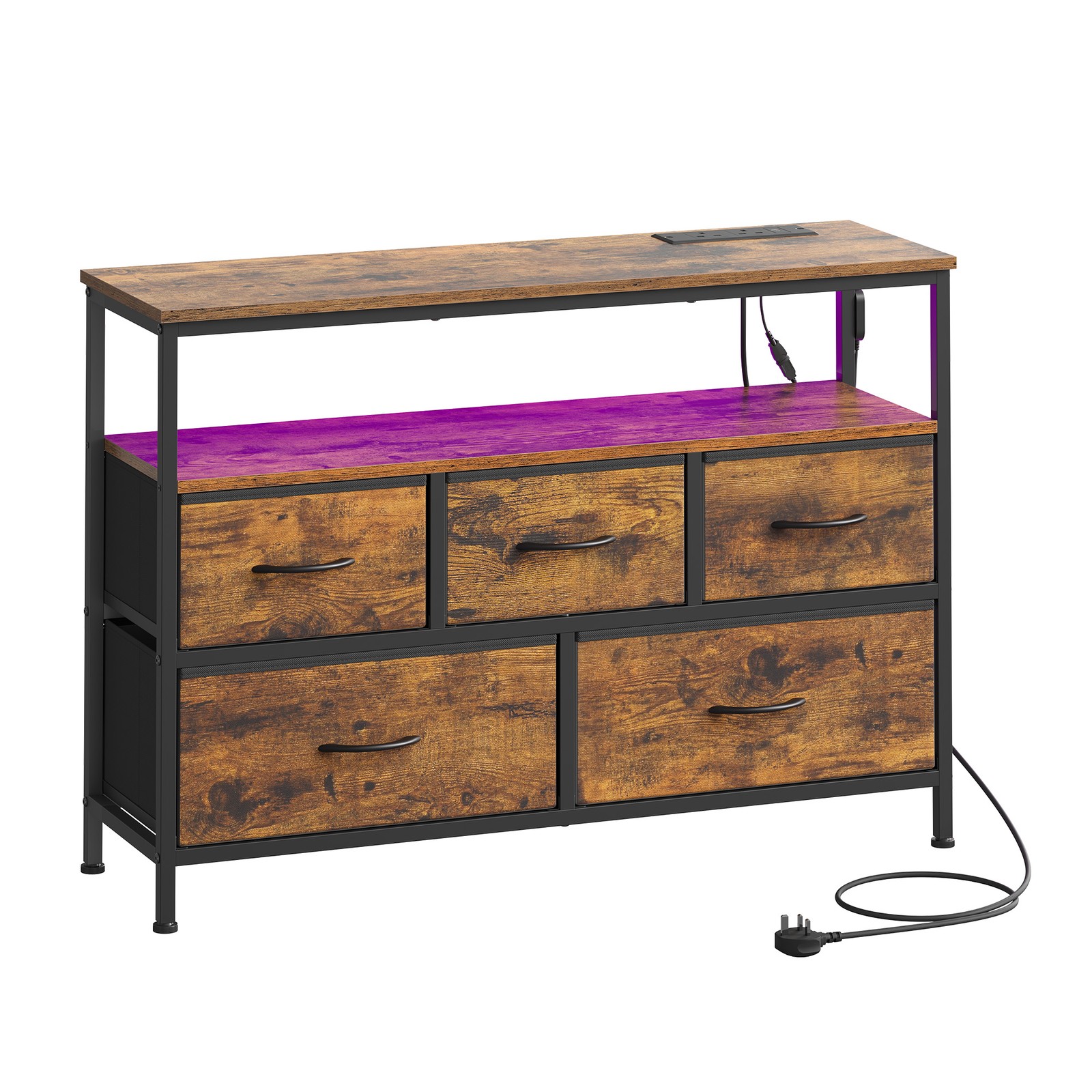 Dresser with LED Lights, 5 Drawers and Charging Station