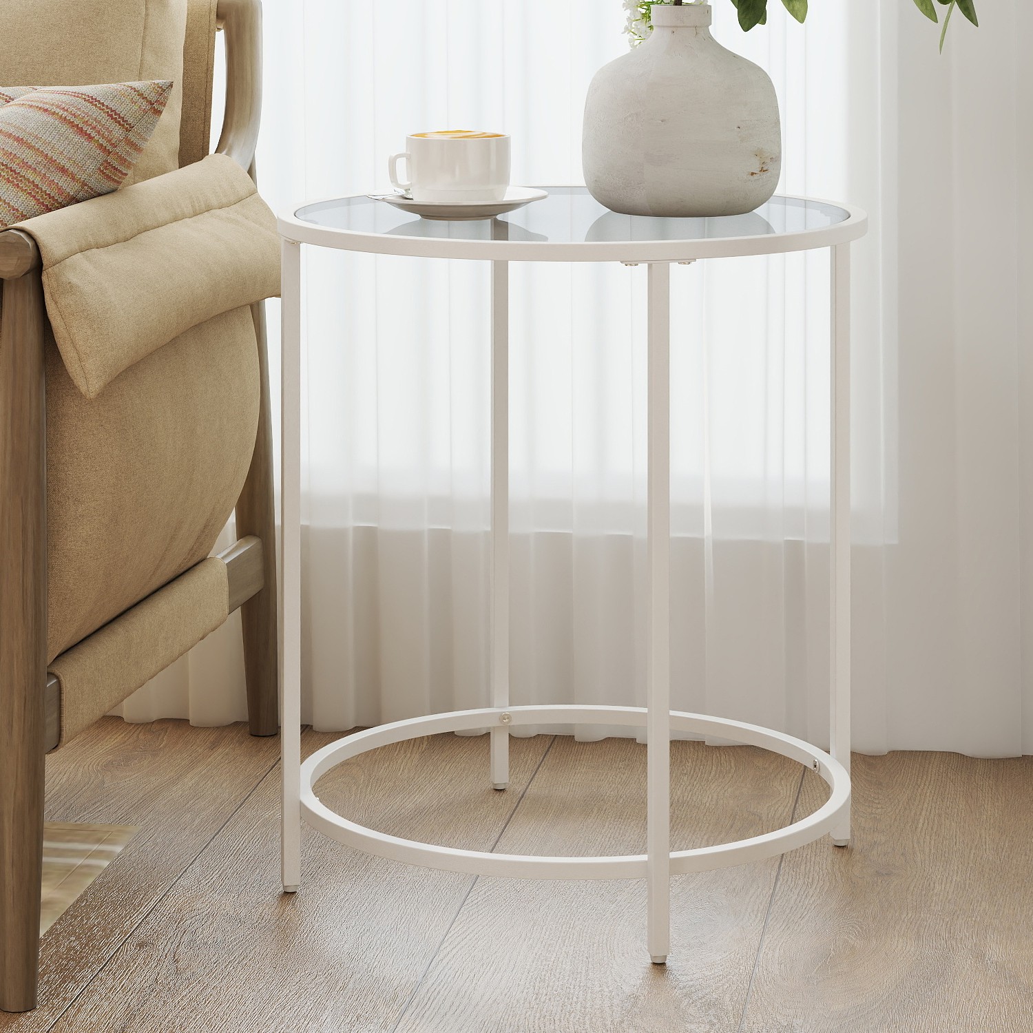 Round Side Table, Glass End Table with Metal Frame, Modern Coffee Table