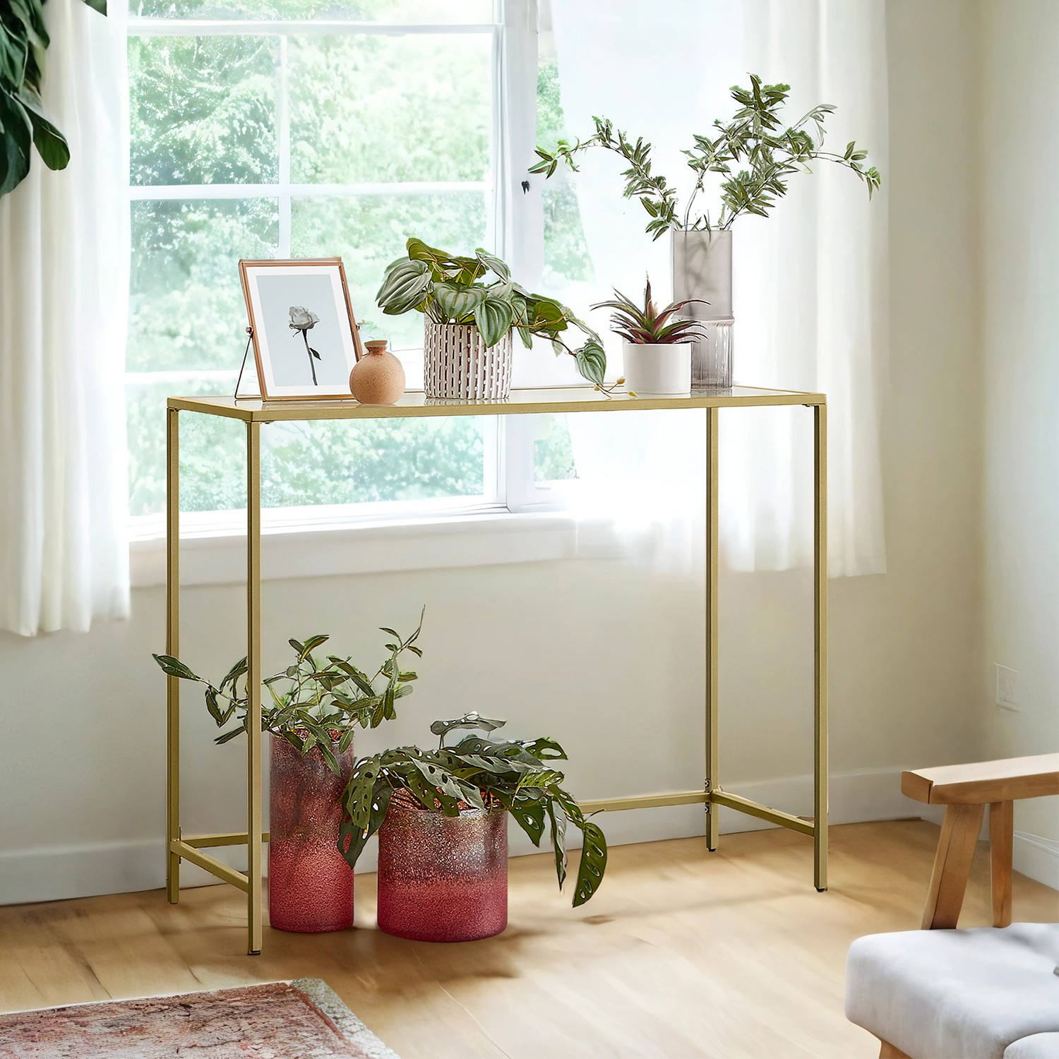 Modern Entryway Table, Console Table with Tempered Glass Tabletop, Sofa Table, Gold Modern Entryway Table, Console Table with Tempered Glass Tabletop, Sofa Table, Gold