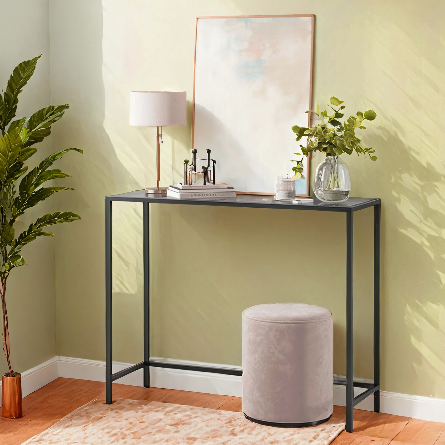 Modern Entryway Table, Console Table with Tempered Glass Tabletop, Sofa Table, Black