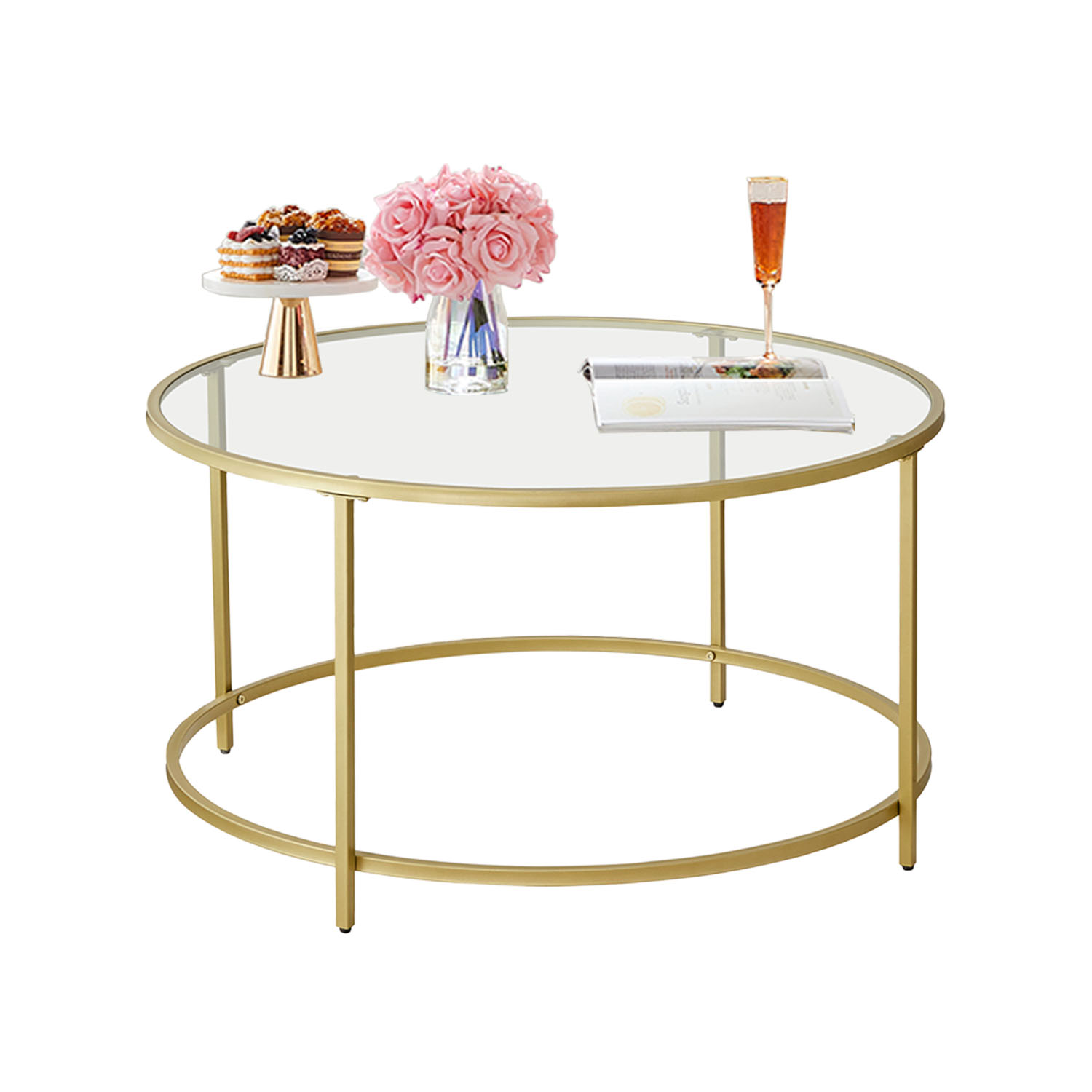 Glass Coffee Table with Metal Frame, Modern Coffee Table, Round Coffee Table for Living Room, Gold