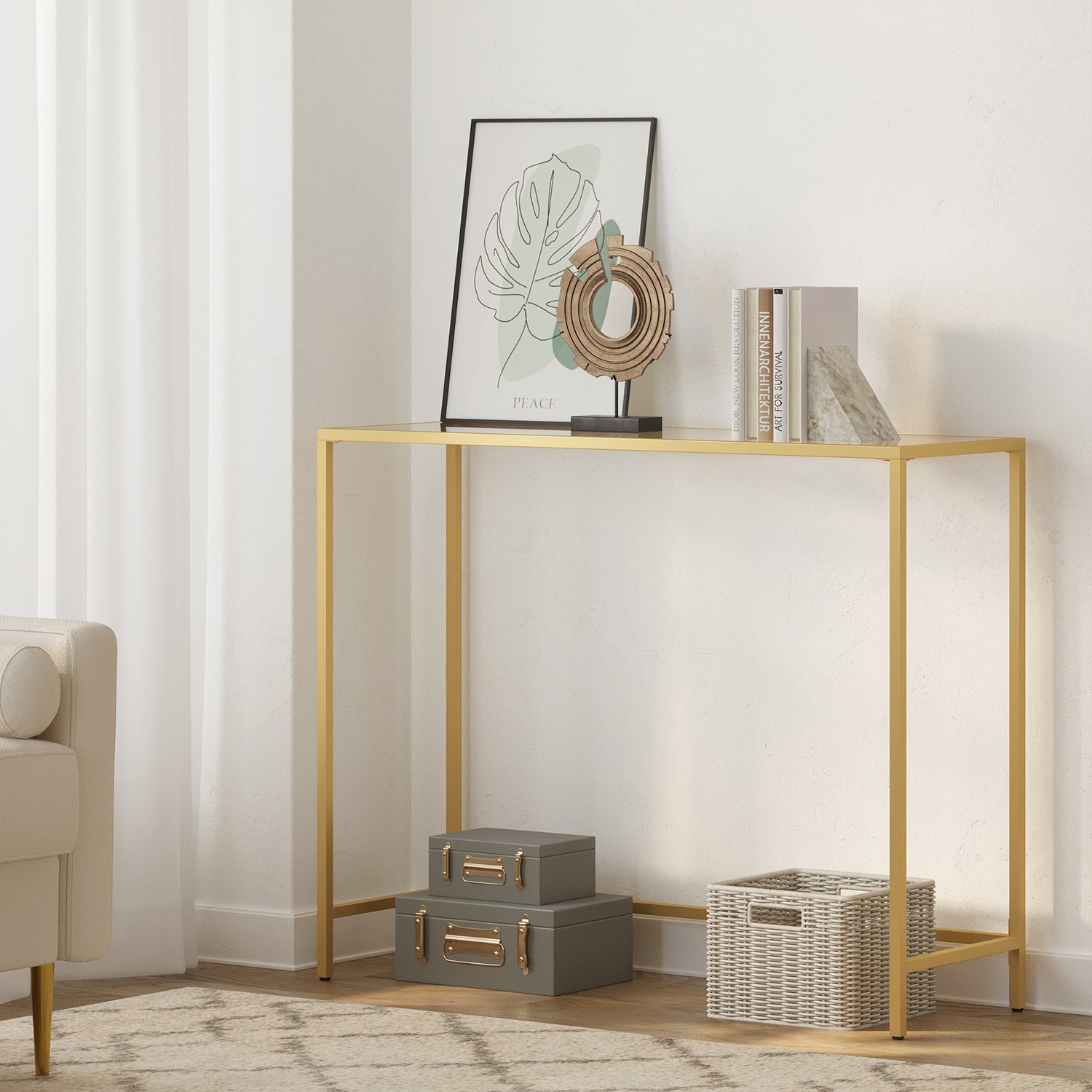 Modern Entryway Table, Console Table with Tempered Glass Tabletop, Sofa Table, Gold