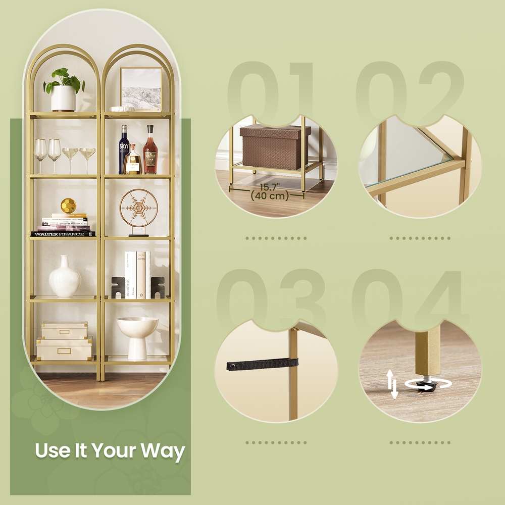 5-Tier Storage Rack, Glass Display Shelf, Bookcase with Steel Frame and Arch Design