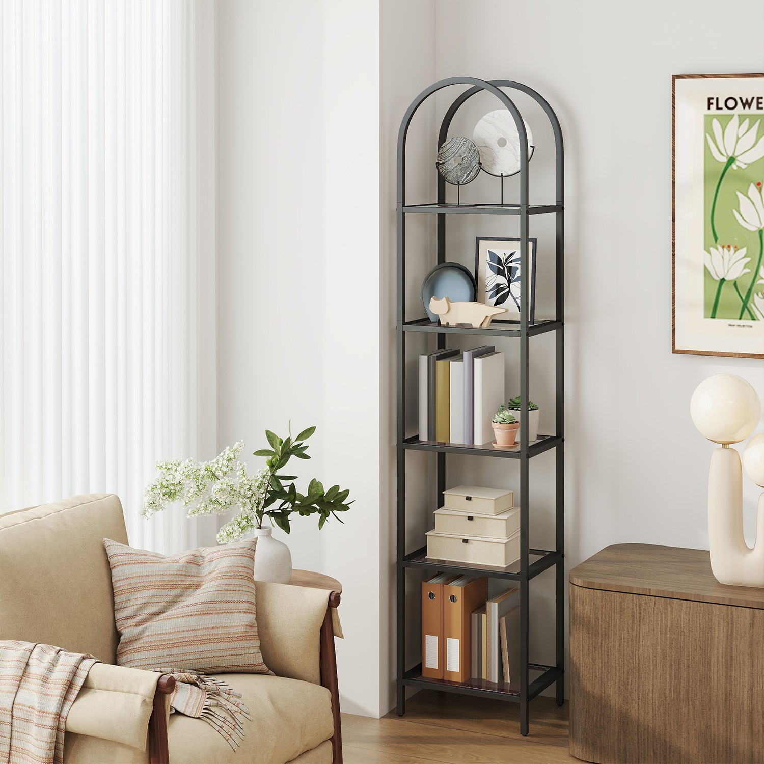 5-Tier Storage Rack, Glass Display Shelf, Bookcase with Steel Frame and Arch Design