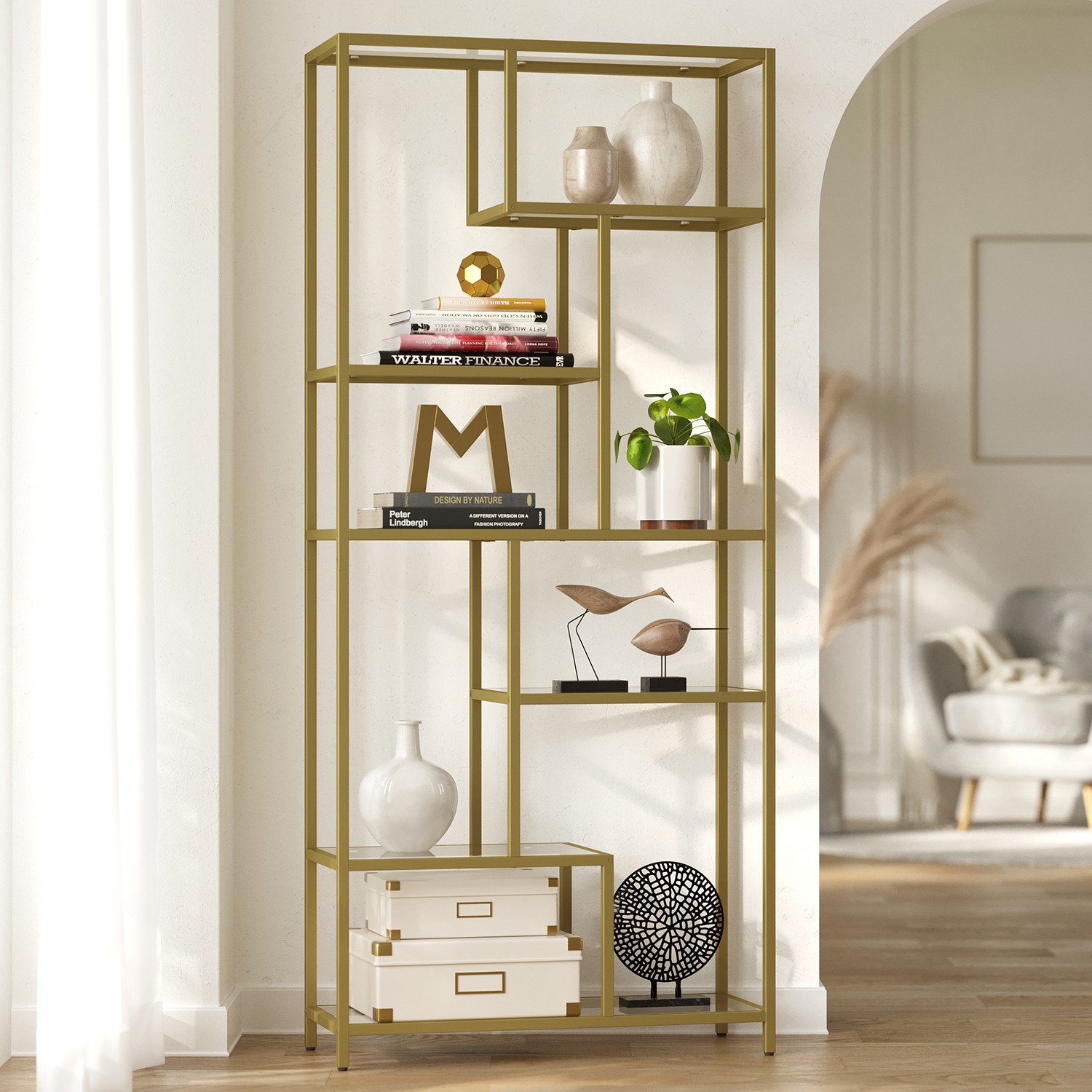 Tall Bookcase, Tempered Glass Shelving Unit, Bookshelf with Steel Frame, 6-Tier Shelf for Living Room Study, Gold