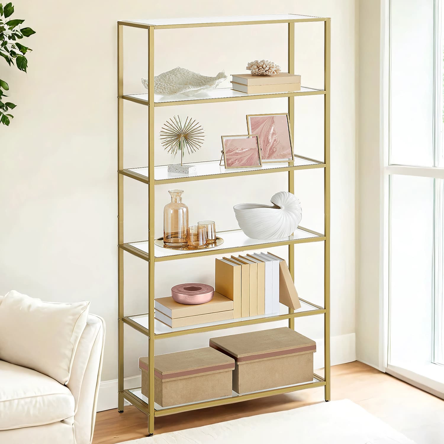 Tall Bookcase, Tempered Glass Shelving Unit, Bookshelf with Steel Frame, 6-Tier Shelf for Living Room Study, Gold