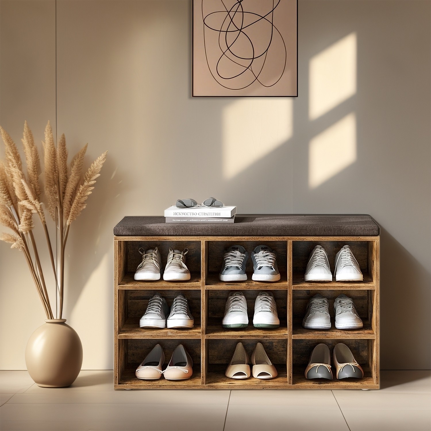 Shoe Bench, Storage Bench with Padded Seat, 9 Compartments
