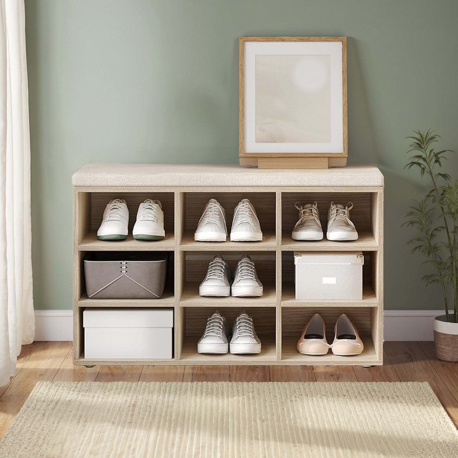 Shoe Bench, Storage Bench with Padded Seat, 9 Compartments