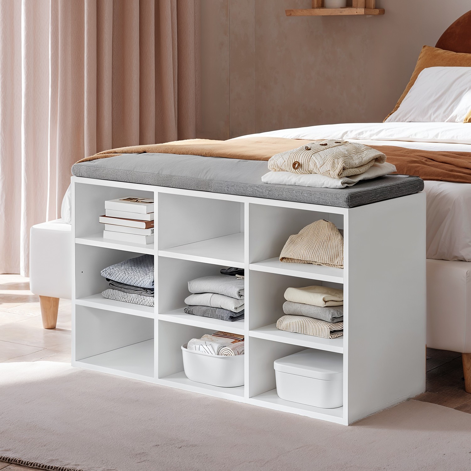 Shoe Bench, Storage Bench with Padded Seat, 9 Compartments