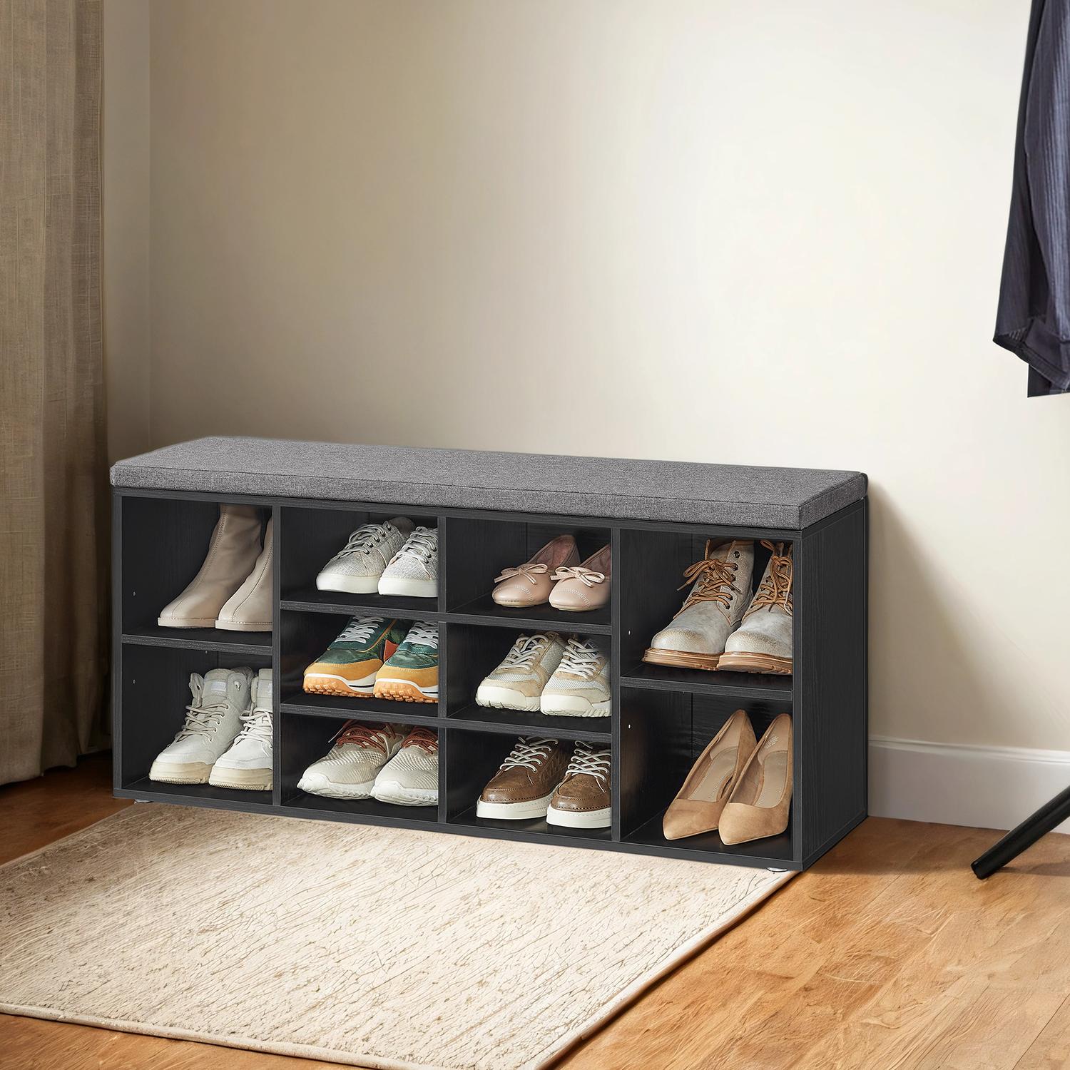 Shoe Bench with Cushion, 10-Compartment Storage Bench with Padded Seat, Adjustable Shelves