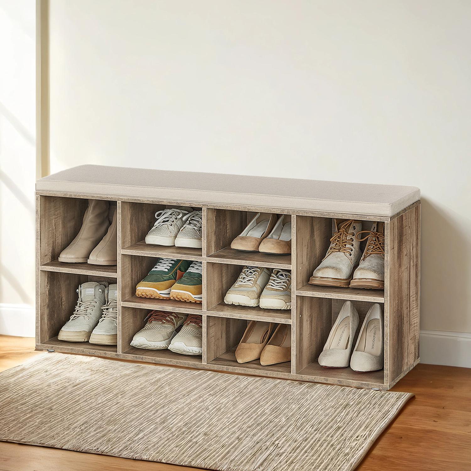 Shoe Bench with Cushion, 10-Compartment Storage Bench with Padded Seat, Adjustable Shelves