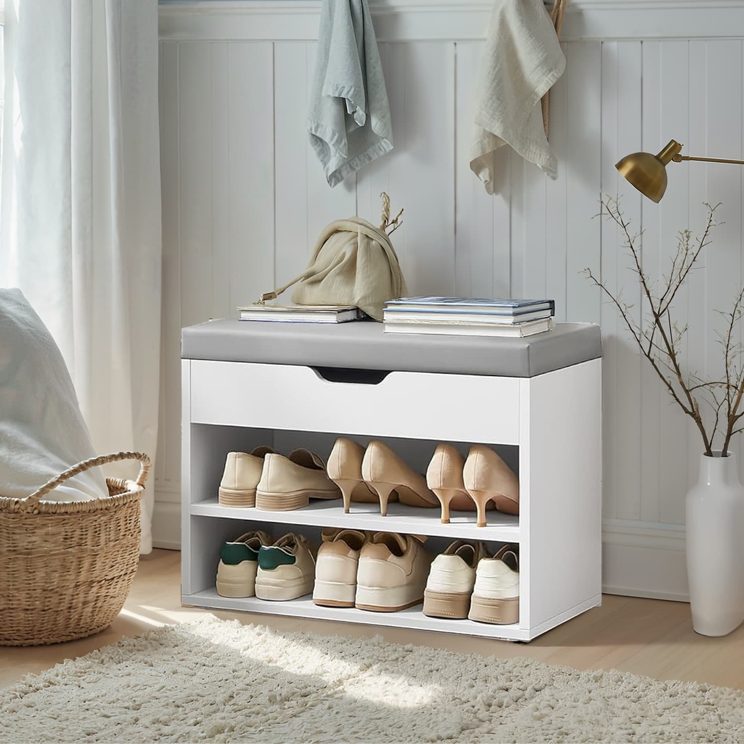 Shoe Storage Bench with Cushion, Entryway Bench with 3 Storage Compartments, Cloud White