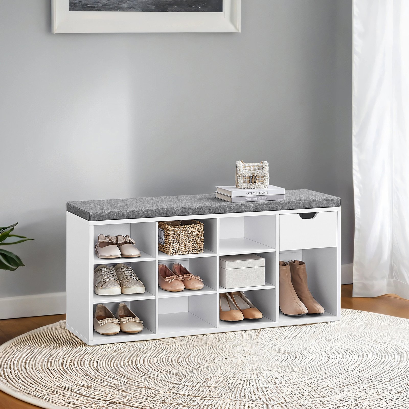 Entryway Storage Bench with Cushion, Drawer and Open Compartments, White and Gray