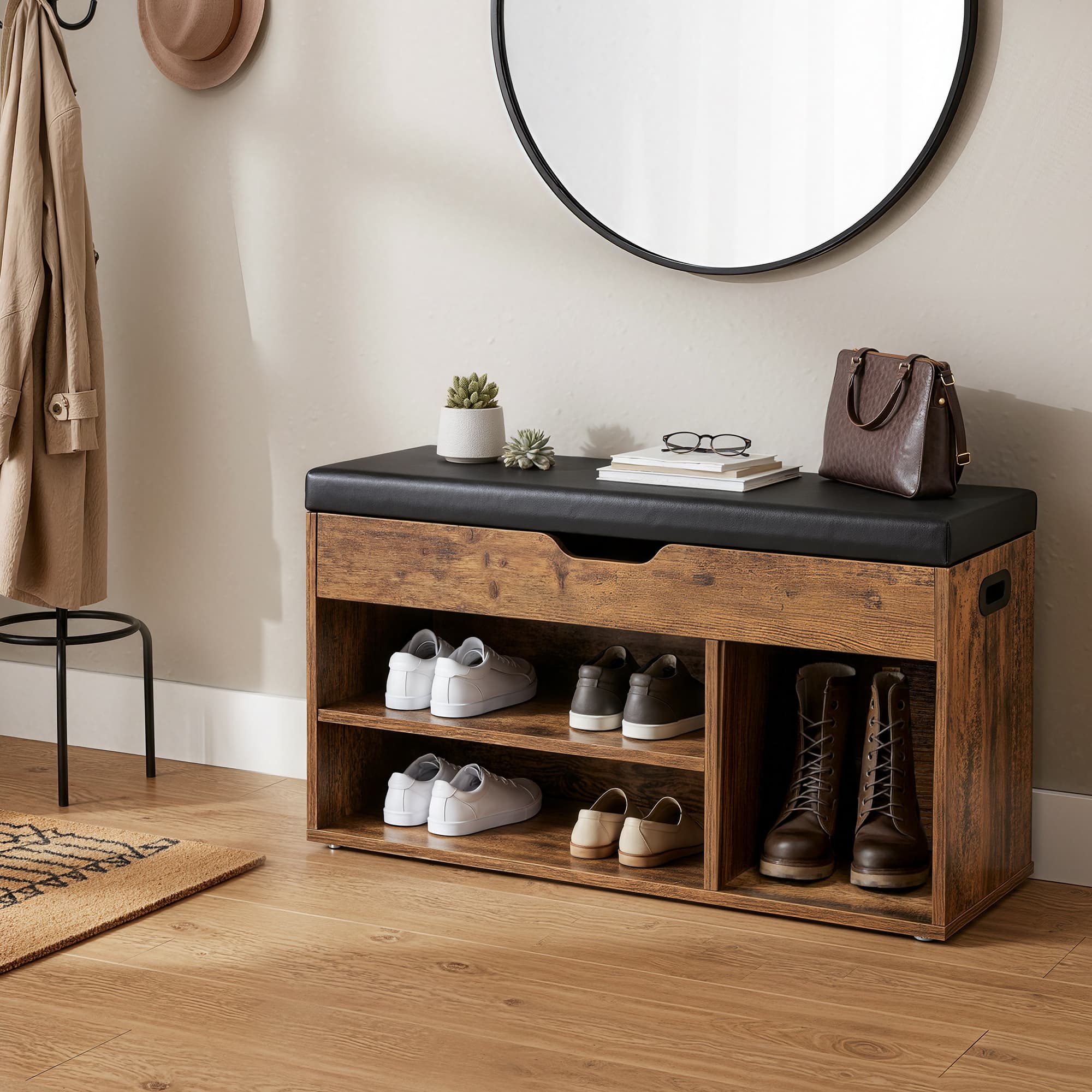 Entryway Storage Bench with Shelves, Cushioned Shoe Organiser, Hidden Compartment, Bedroom, Hallway, Brown