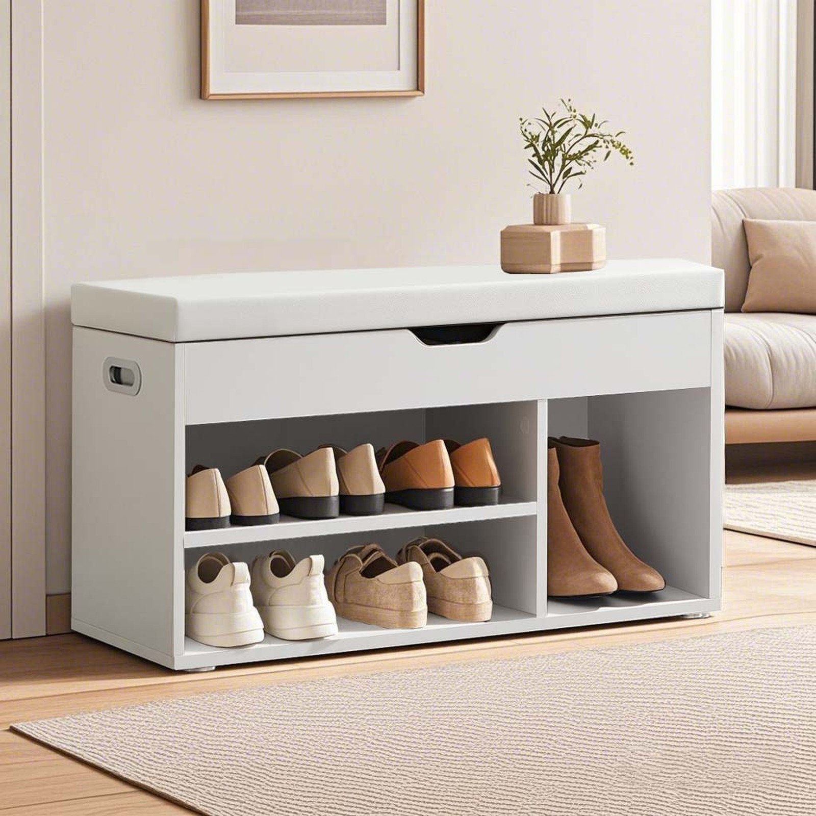 Shoe Storage Bench with Padded Seat, Entryway Bench with 3 Compartments