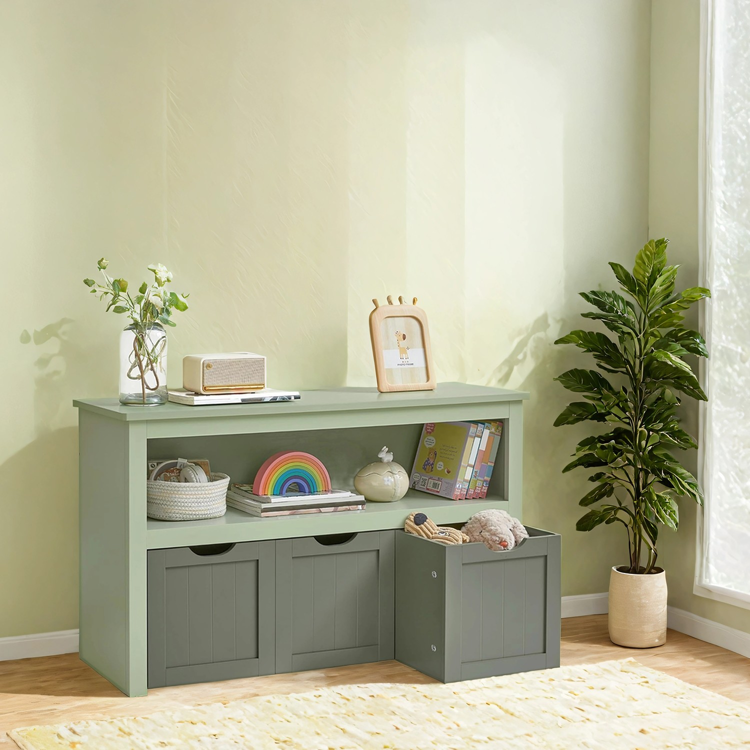 Rolling Toy Storage Organiser, 3 Drawers Bookcase for Playroom, Living Room, Bedroom, Green