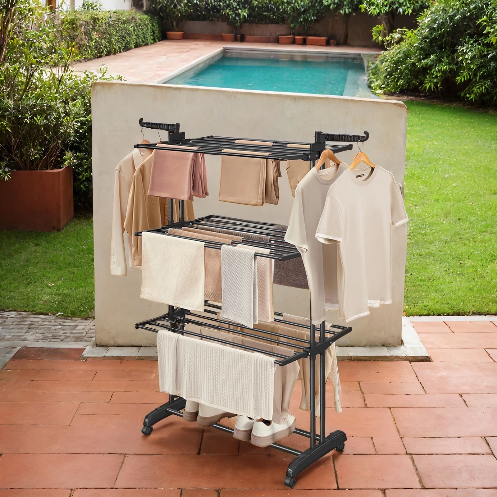 4-Tier Folding Laundry Drying Rack, Stainless Steel Clothes Airer with Foldable Wings, Black 4-Tier Folding Laundry Drying Rack, Stainless Steel Clothes Airer with Foldable Wings, Black