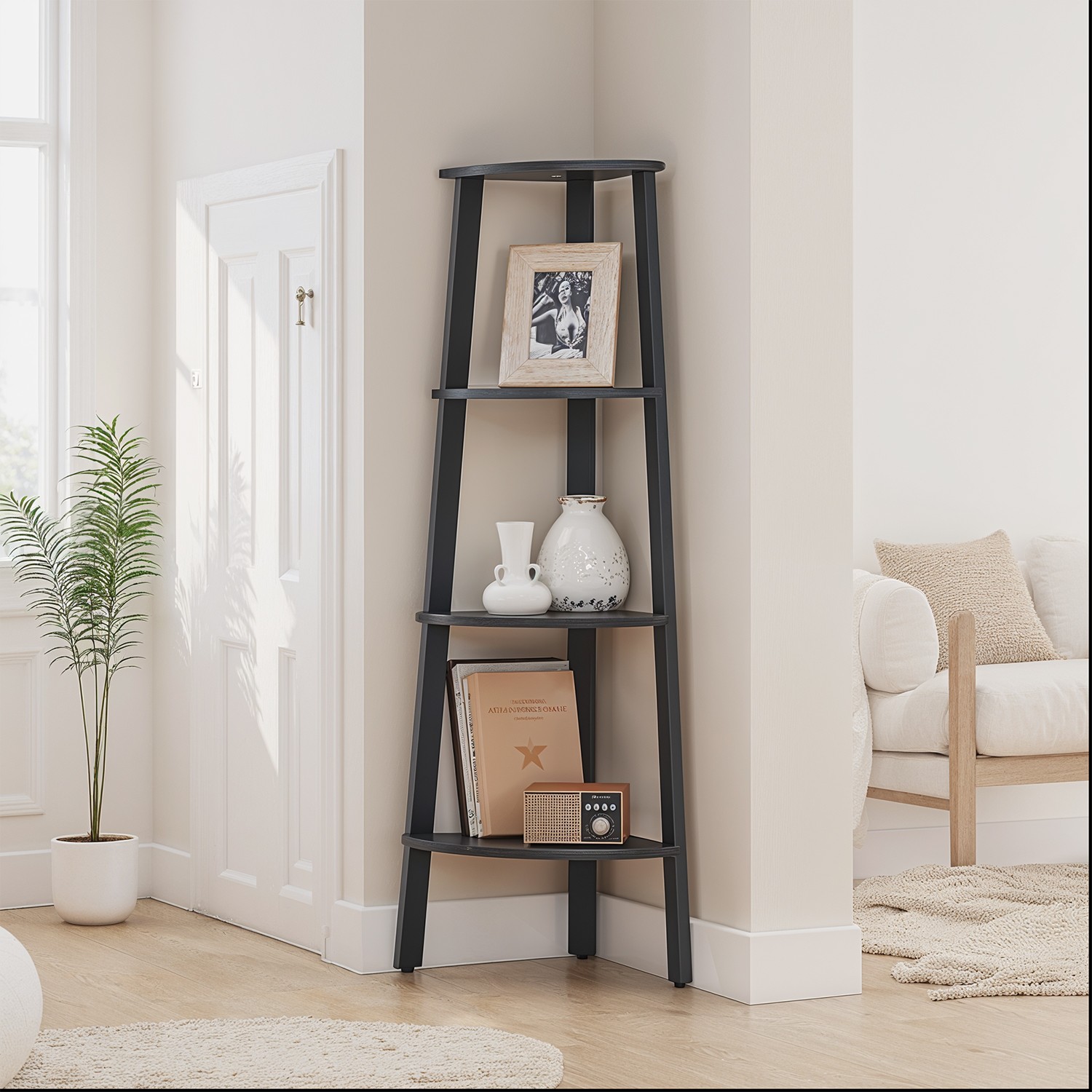 Corner Shelf, 4-Tier Corner Bookshelf, Storage Shelving Unit with Steel Frame