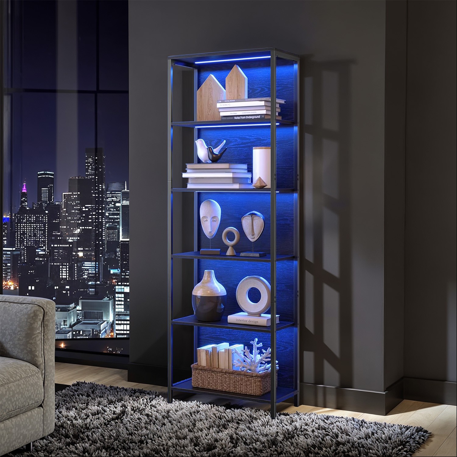 Book Shelf with Lights, Display Shelf with 6 Tiers, for Office, Living Room, Bedroom, Black