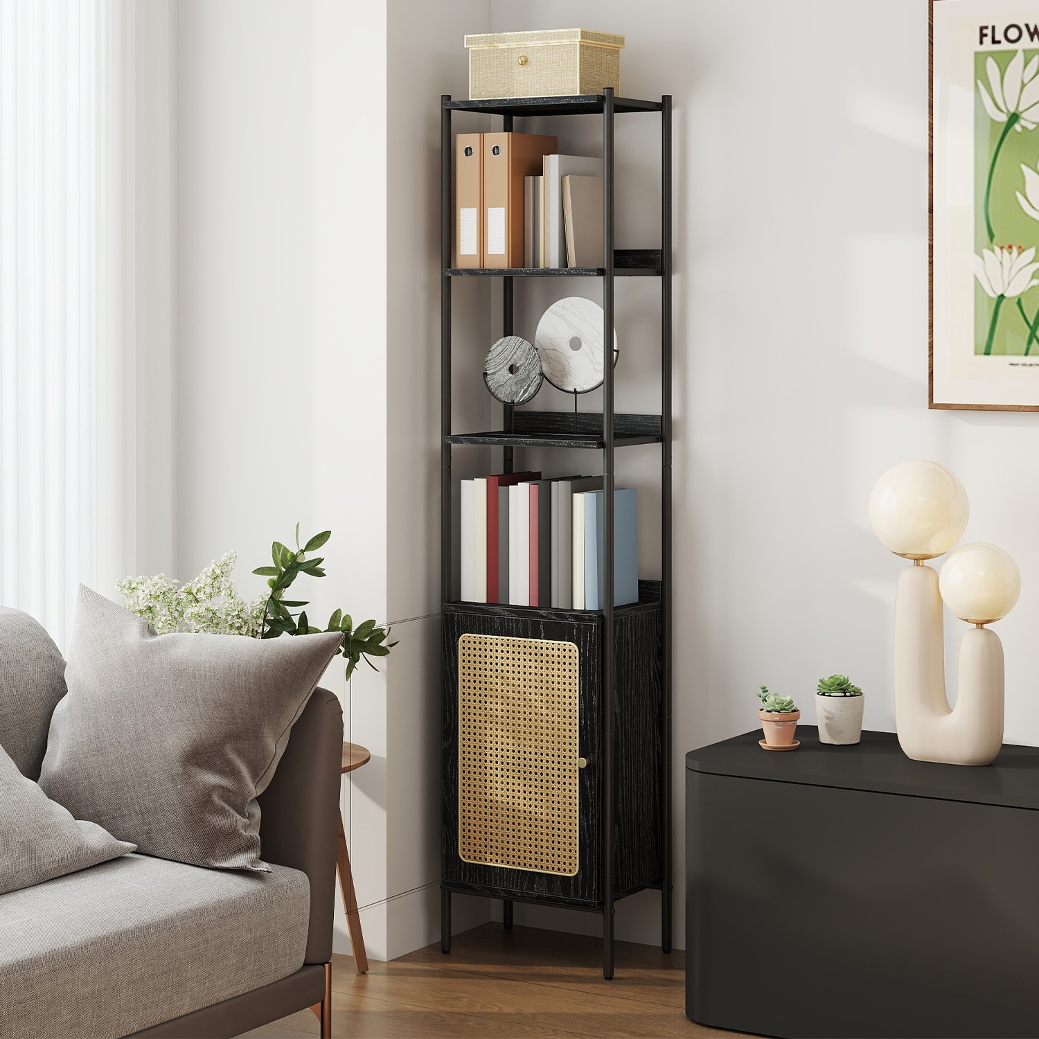 6-Tier Boho Bookcase, Bookshelf with Rattan-Like Door, Adjustable Shelf 6-Tier Boho Bookcase, Bookshelf with Rattan-Like Door, Adjustable Shelf