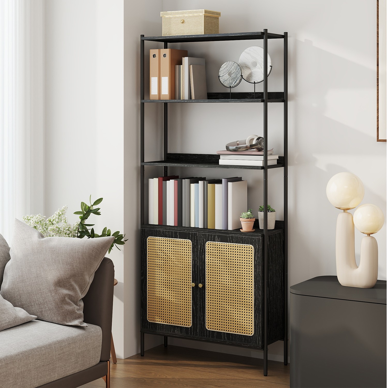 6-Tier Boho Bookcase, Bookshelf with Rattan-Like Door, Adjustable Shelf 6-Tier Boho Bookcase, Bookshelf with Rattan-Like Door, Adjustable Shelf