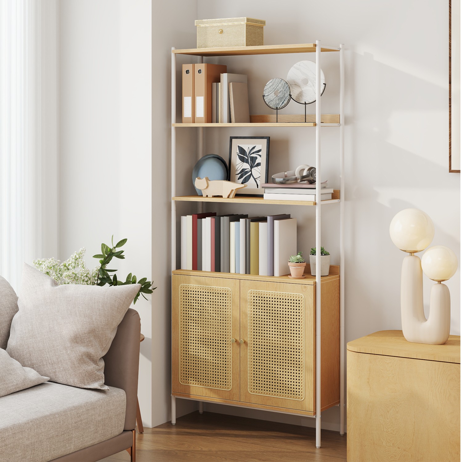 6-Tier Boho Bookcase, Bookshelf with Rattan-Like Door, Adjustable Shelf