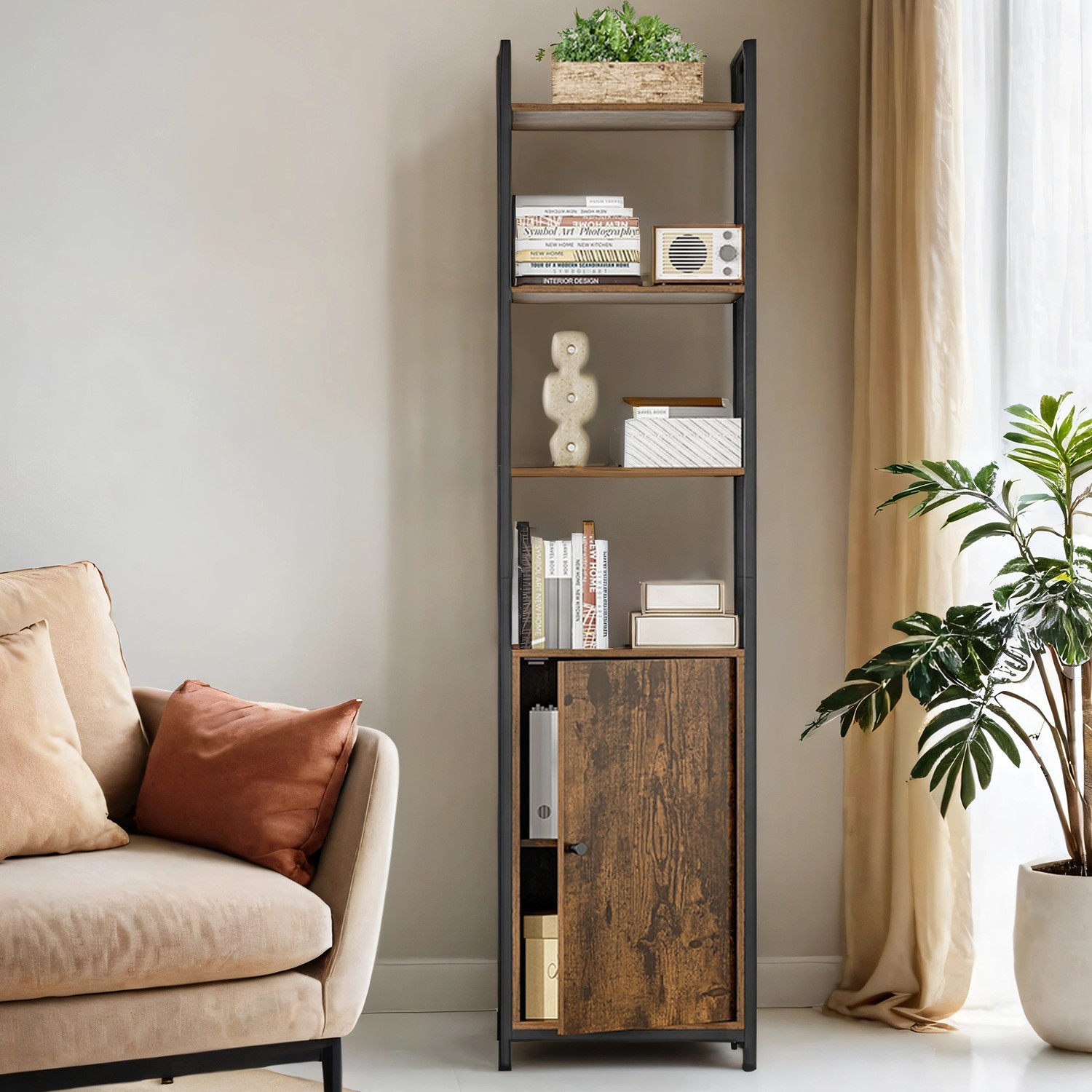 Shelving Unit with Cabinet, 6-Tier Storage Rack, for Bedroom, Living Room, 24 x 40 x 159.5 cm, Brown and Black