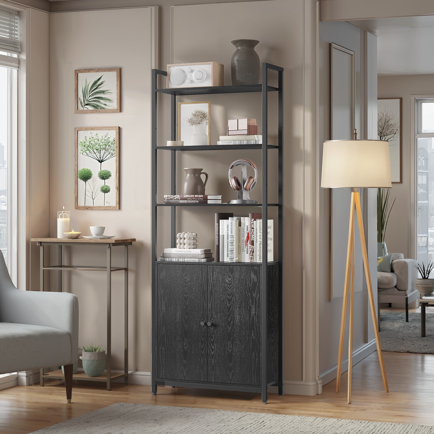 Tall Bookshelf with Door, 6-Tier Bookcase, Metal Frame Tall Bookshelf with Door, 6-Tier Bookcase, Metal Frame