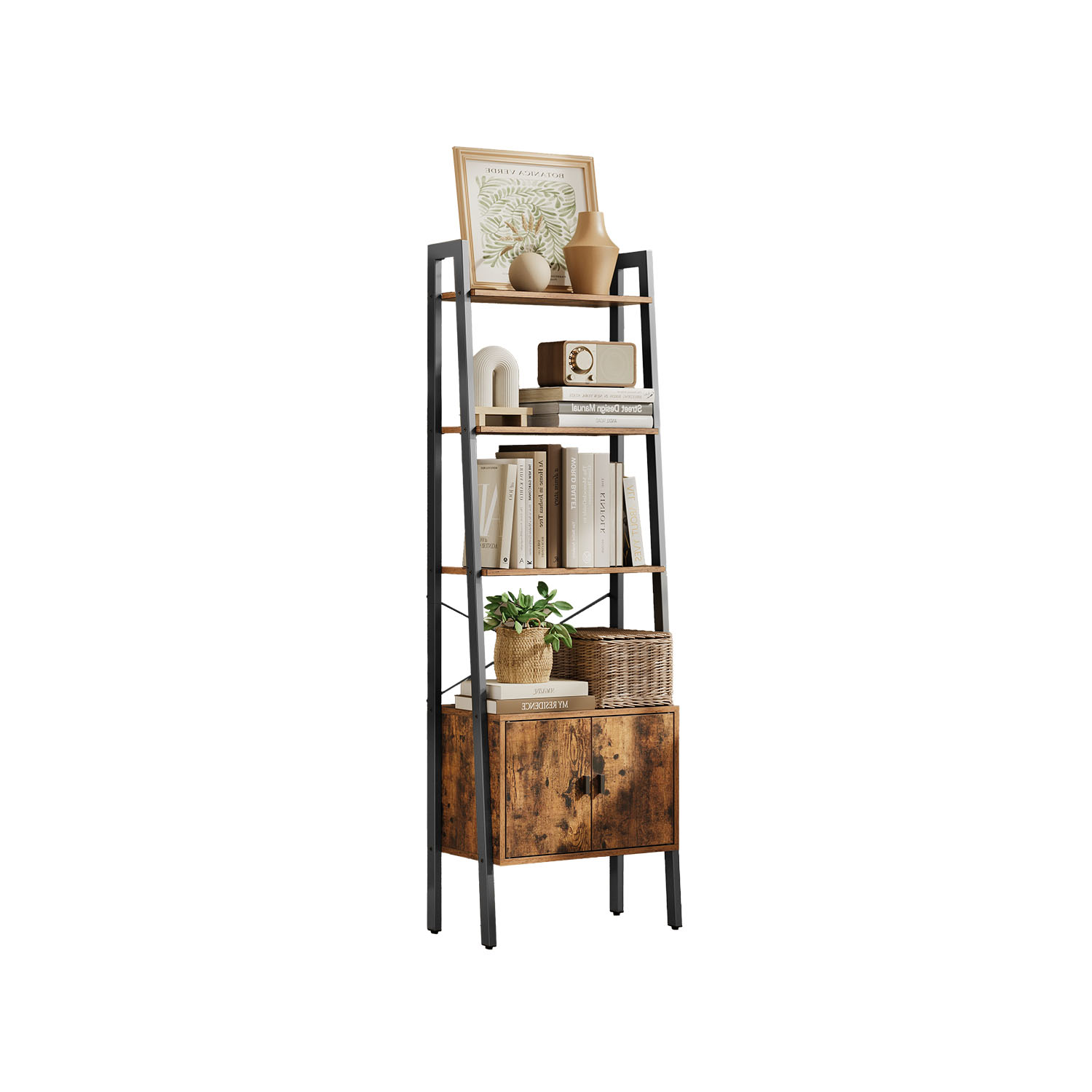 Bookcase with Cabinet, 4-Tier Storage Shelf, Bookshelf for Living Room or Bedroom, Metal Frame, Brown