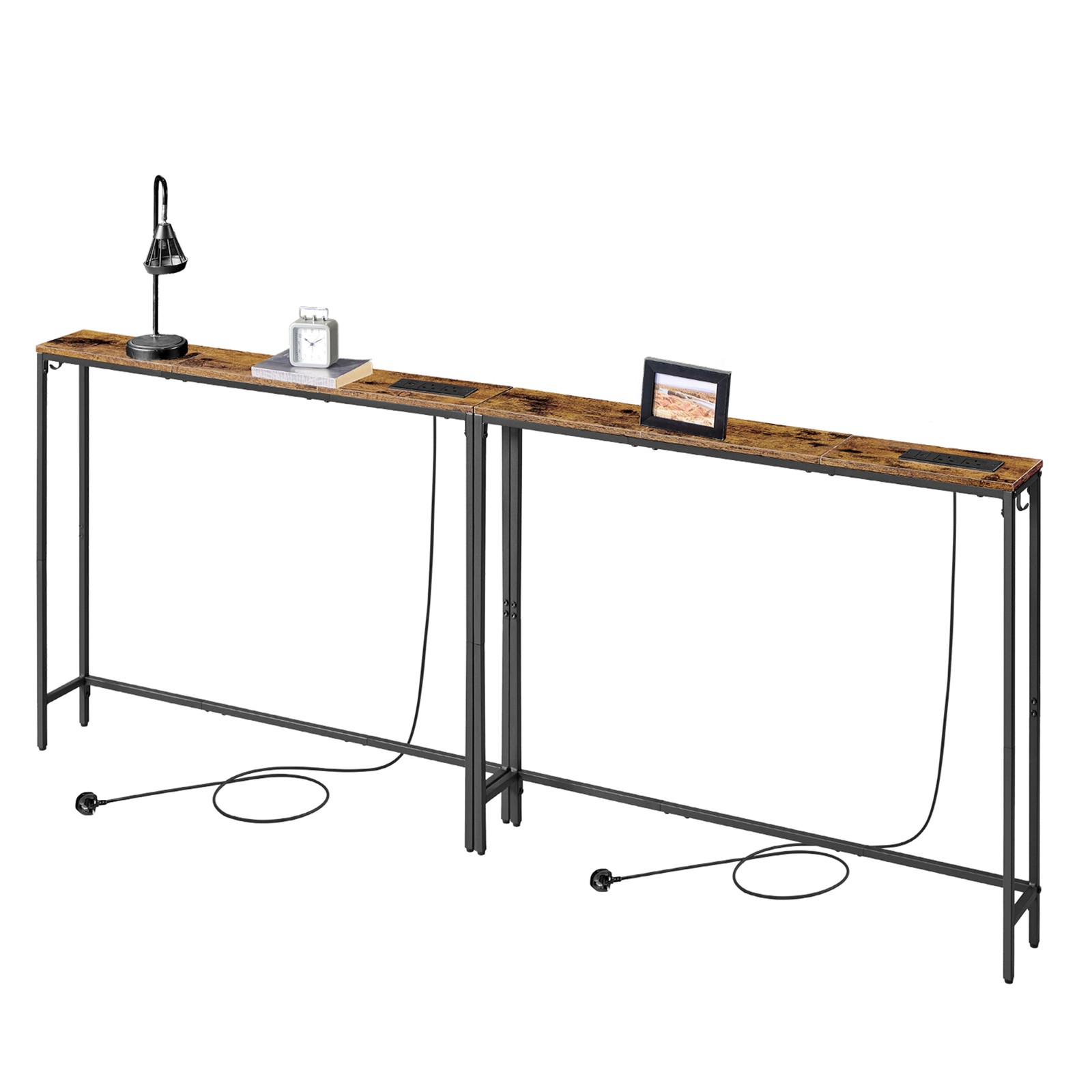 Slim Console Tables with Built-In Charging Station, Set of 2 Behind-Sofa Tables with Hooks, Brown and Black Slim Console Tables with Built-In Charging Station, Set of 2 Behind-Sofa Tables with Hooks, Brown and Black
