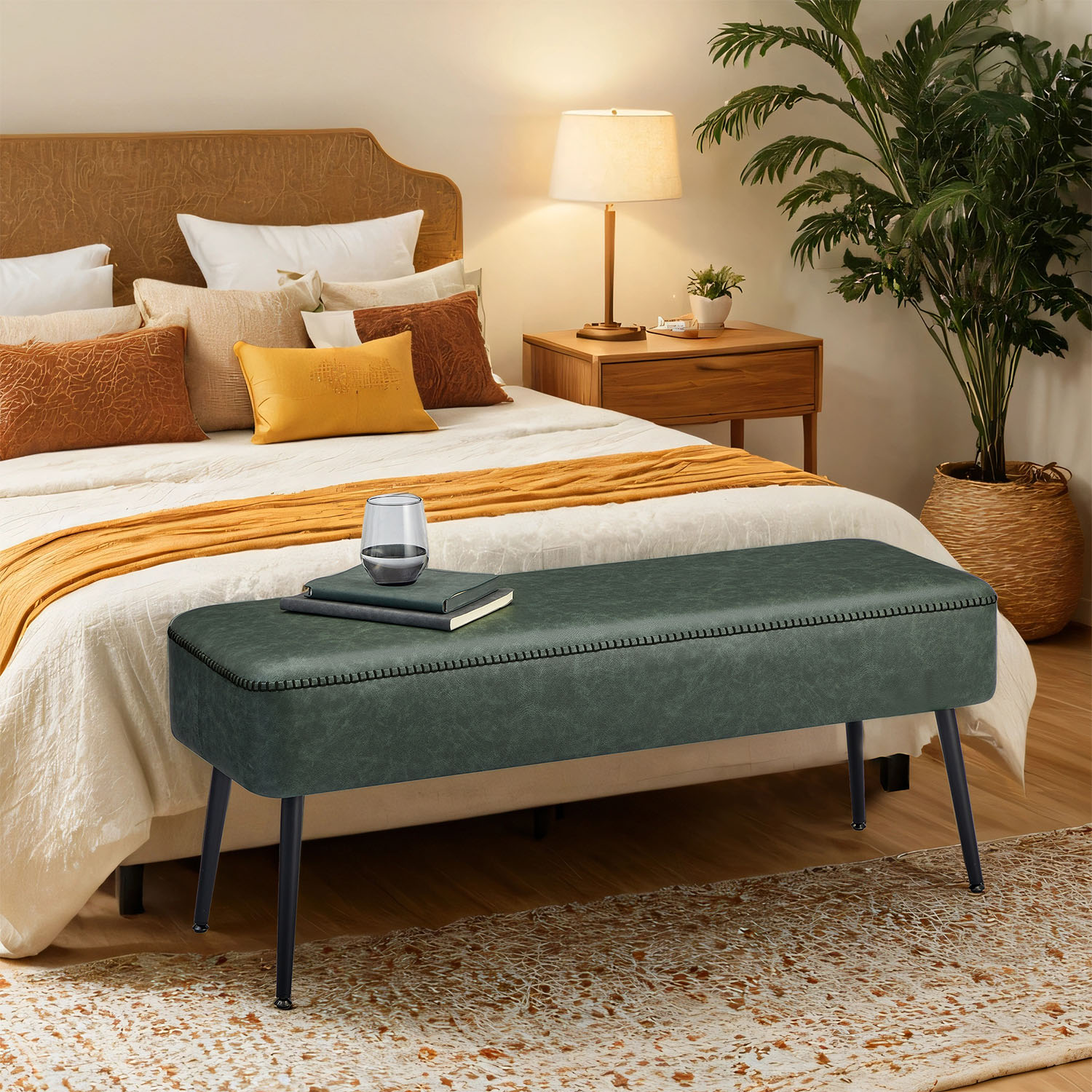 Upholstered Ottoman with Steel Legs, PU Leather Bench, Bedroom, Entryway, Green Upholstered Ottoman with Steel Legs, PU Leather Bench, Bedroom, Entryway, Green