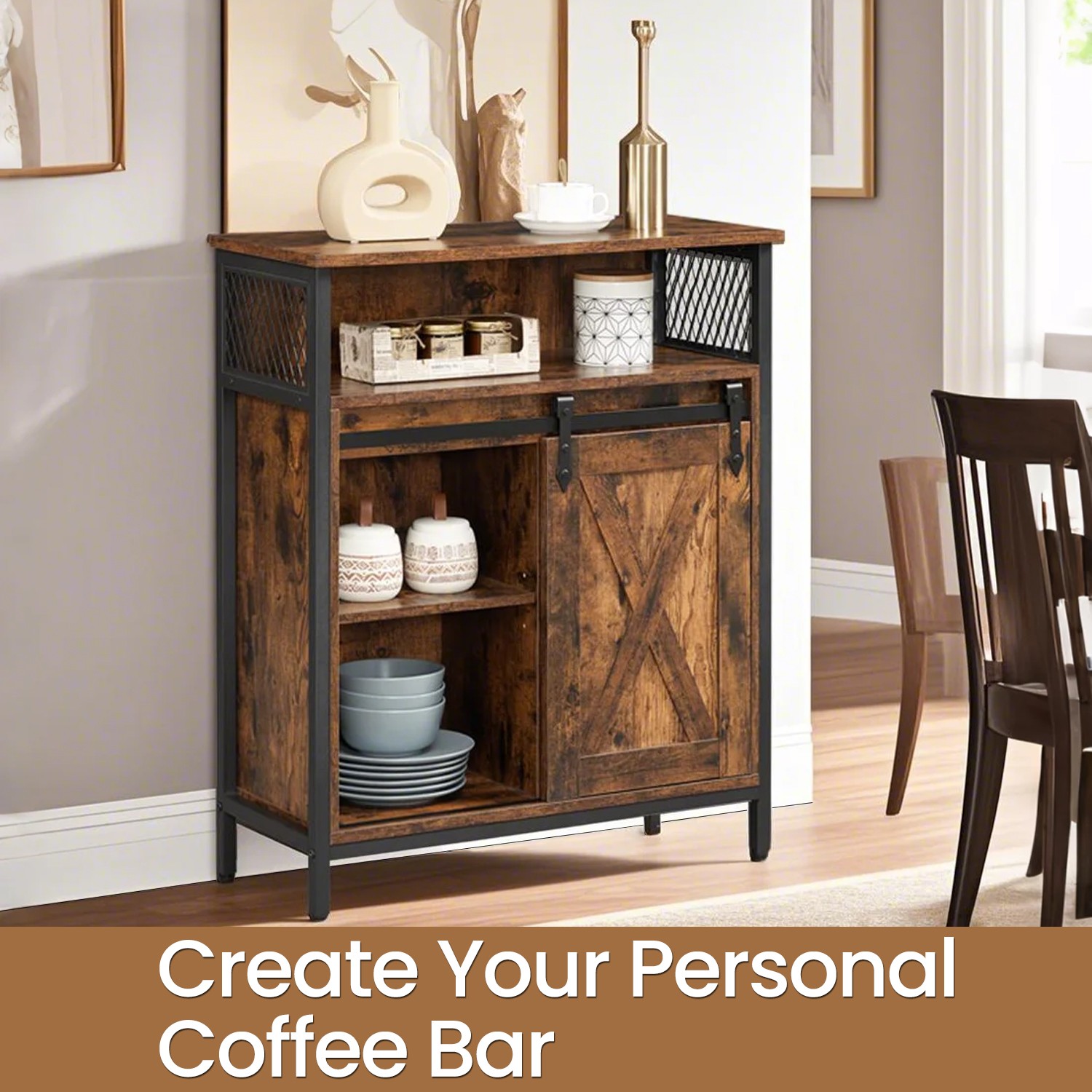 Buffet Cabinet, Sideboard with Open Compartment, Sliding Barn Door