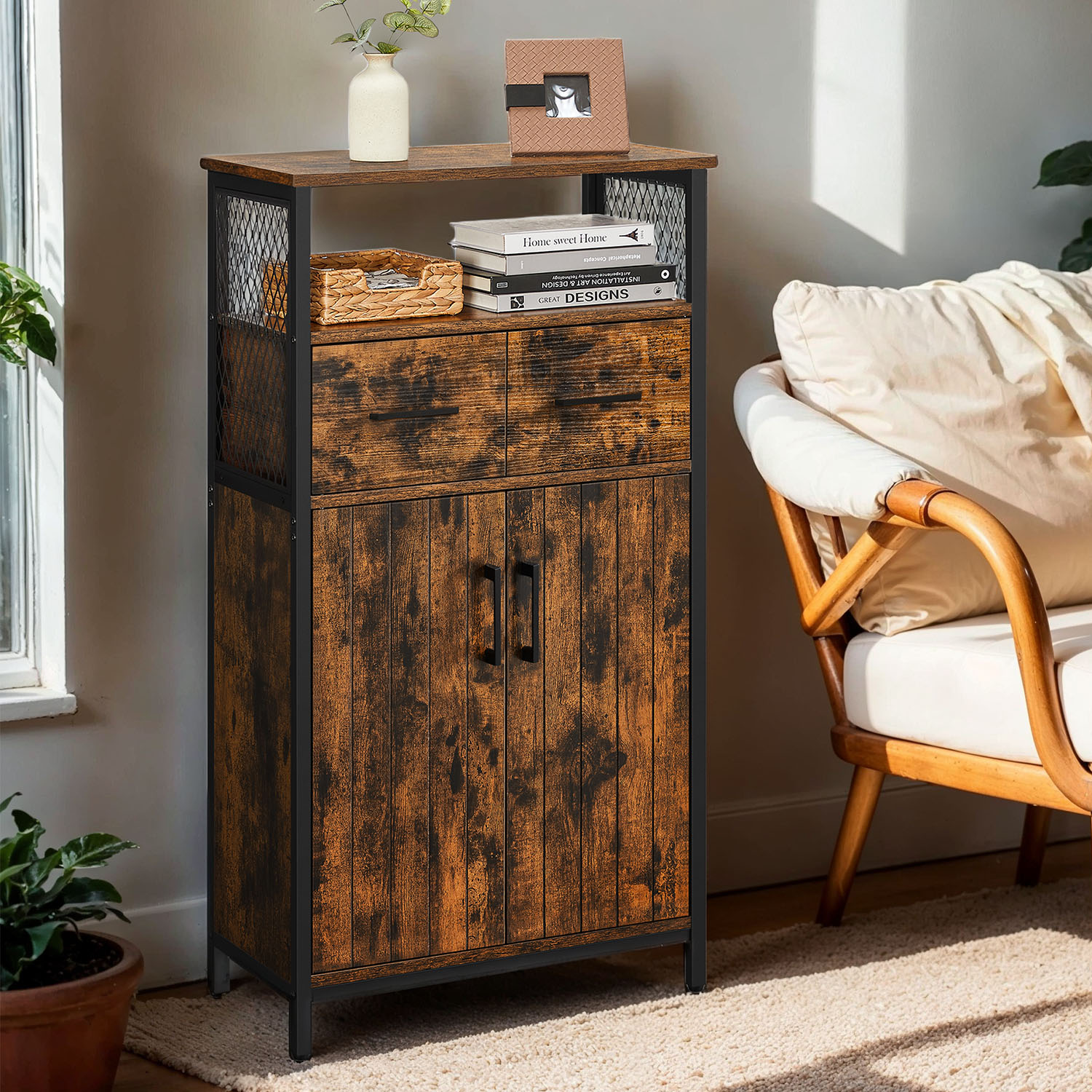 Narrow Bathroom Cabinet, Slim Freestanding Sideboard, for Kitchen or Living Room, Brown and Black Narrow Bathroom Cabinet, Slim Freestanding Sideboard, for Kitchen or Living Room, Brown and Black